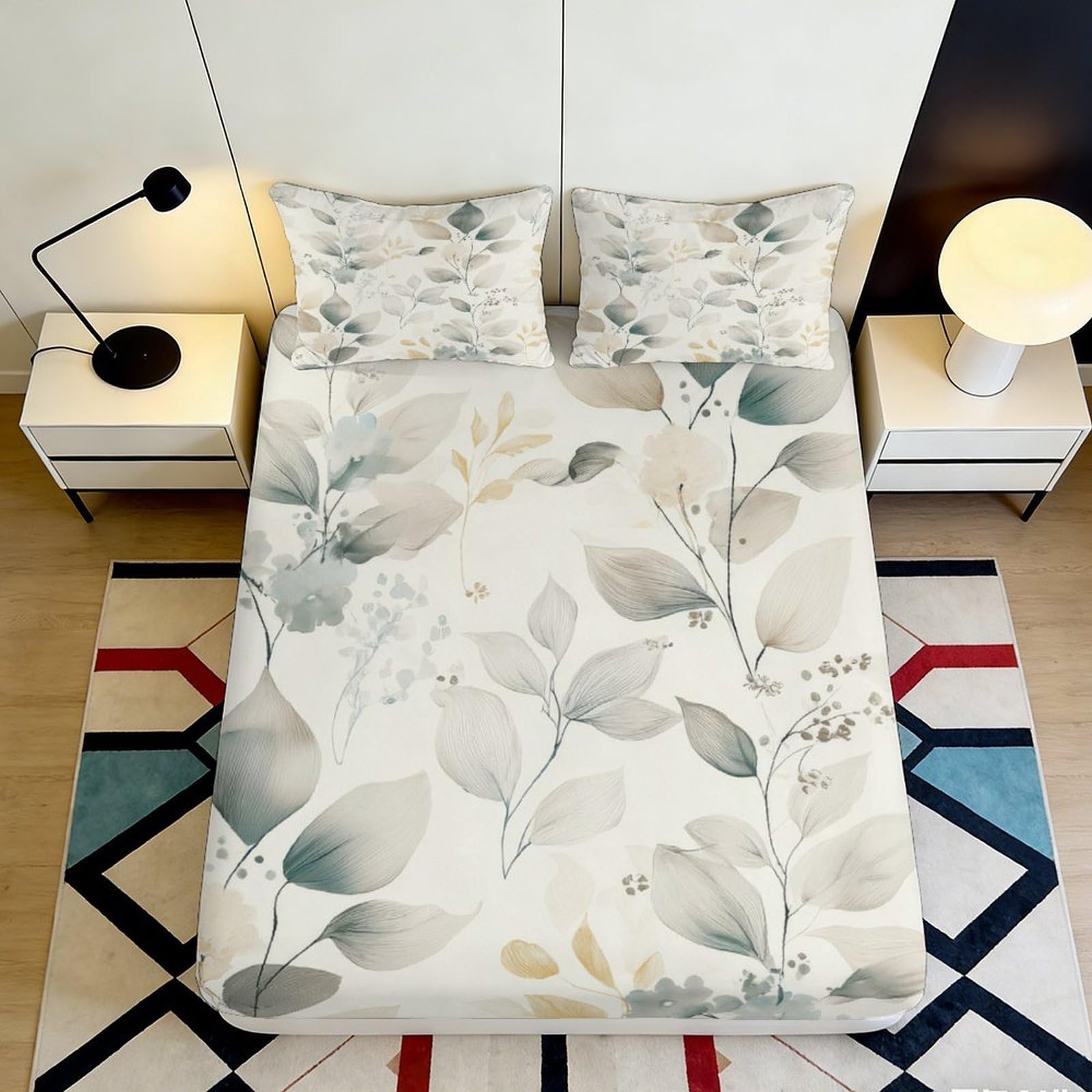 3D Printed Watercolor Leaf Fitted Sheet Microfiber Floral Pastel Mattress Cover Anti-Slip Washable for Bedroom Guestroom Decor 180x200x25cm