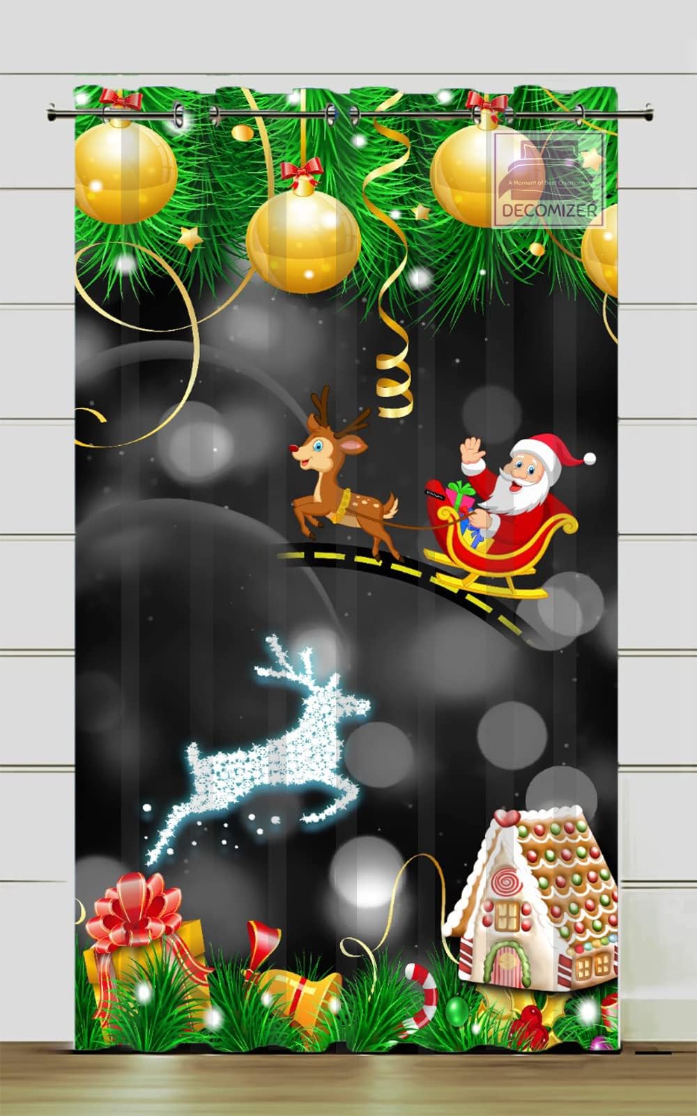 DECOMIZER Christmas Curtains for Living Room 1 Piece | 7Ft Riding Santa Festive Themed Drapes | 3D Digital Printed Xmas Decoration Door Curtain for Kids Room | 4x7 Feet