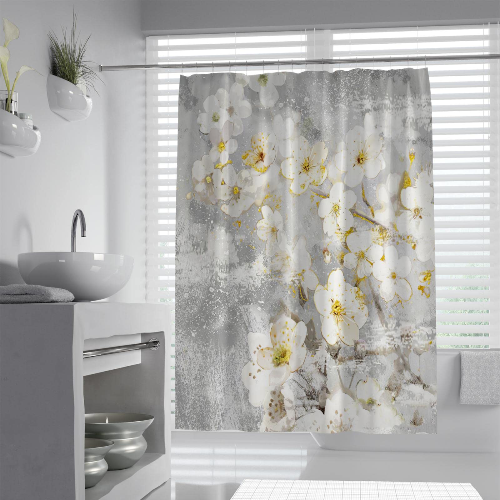 LIVETTY 1-Stof Bloemen Douchegordijn Set Wit Ombre Aquarel Decoratief Badgordijn Moderne Badkamer, Machine Wasbaar, Klimmen Bloemen Vogel en Bladeren (Birds Bloem Wit, 180x180 cm
