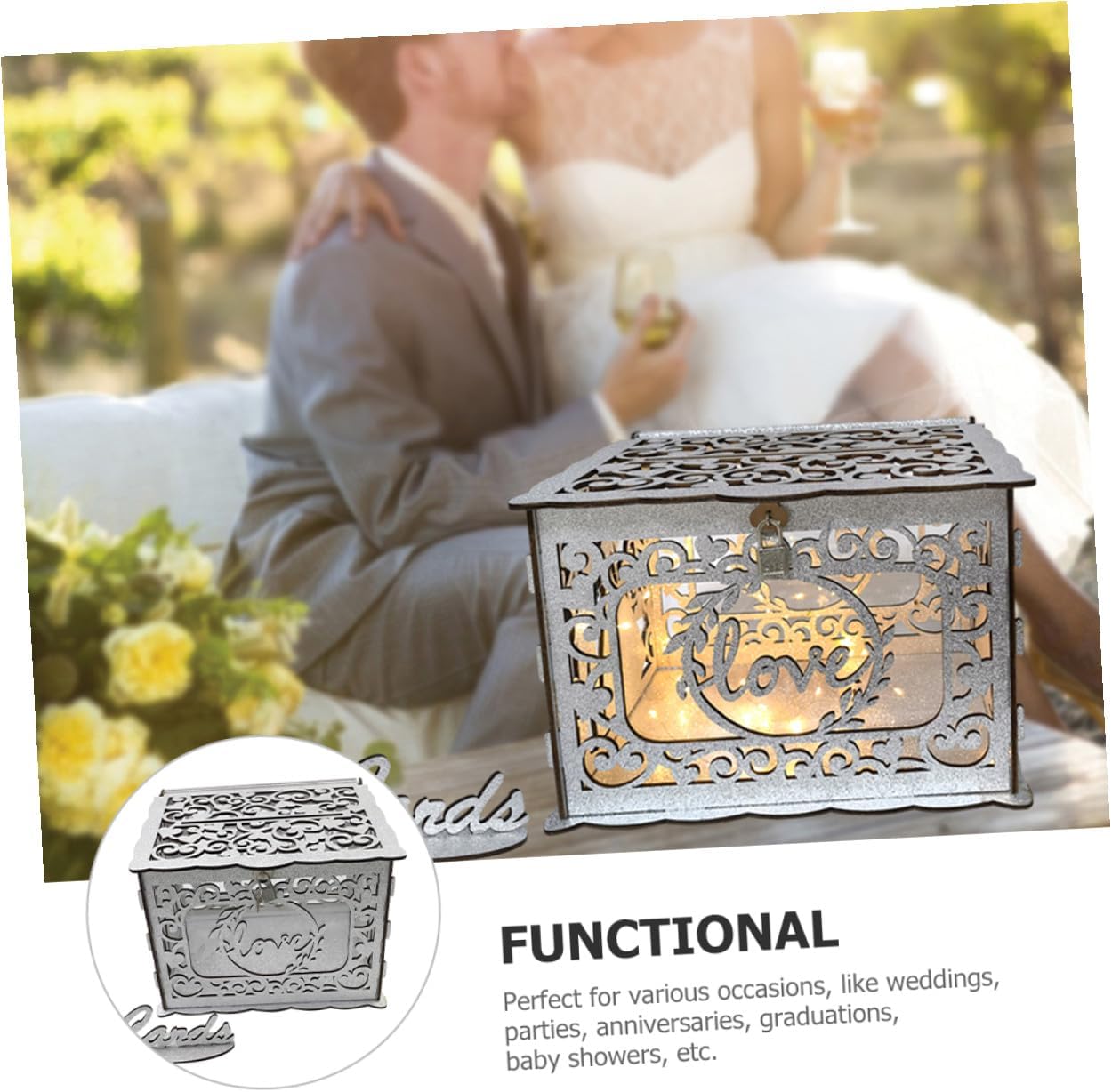 SOLUSTRE Wooden Hollow Card Box with Glitter Wedding Reception Card Holder Portable Greeting and Blessing Envelope Collection Box for Anniversary and Birthday Events