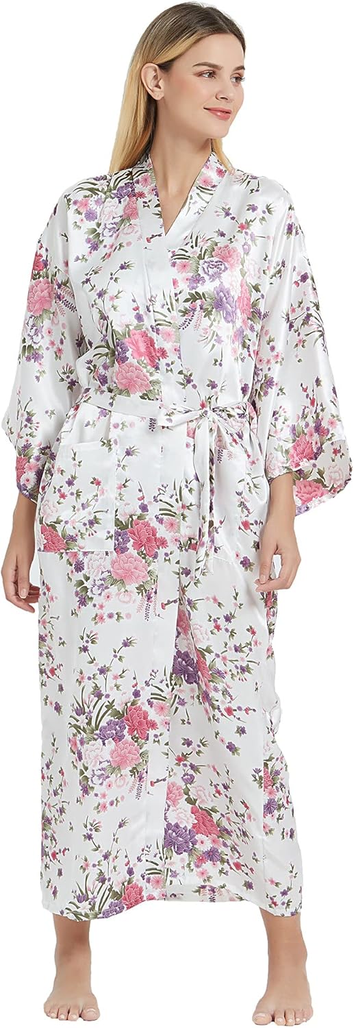 Women's Long Silk Robes Lightweight Long Satin Robes Full Length Sleepwear Dressing Gown - Image 3