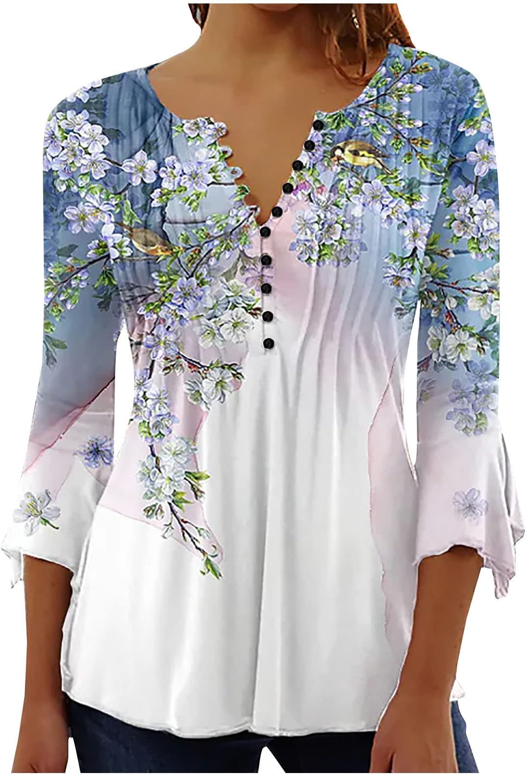 SMIDOW Womens Tunic Tops Trendy Vintage Boho Shirts Short Sleeve Notch v Neck t-Shirt 2023 Casual Summer Blouse Empire Waist