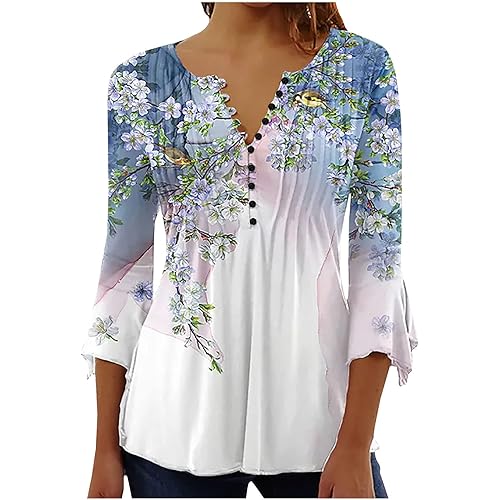 Bohemian Tops for Women Trendy 2023 Sexy Elegant t-Shirt Boho Floral Print 3/4 Bell Sleeve v Neck Shirts Blouse