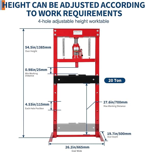 20 Ton H-Frame Benchtop Hydraulic Shop Press, Pneumatic Compatible (Red) | With 2 Press Plates & Adjustable Height, Ideal for Garage & Workshop