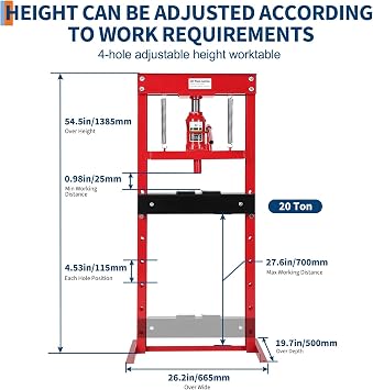 20 Ton H-Frame Benchtop Hydraulic Shop Press, Pneumatic Compatible (Red) | With 2 Press Plates & Adjustable Height, Ideal for Garage & Workshop