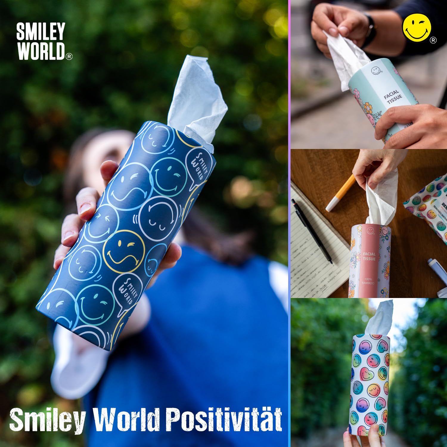 SmileyWorld - Chusteczki cylindryczne - 100% bambus - 3 warstwy - Design Smiley World - Kompaktowy rozmiar do samochodu, domu, plecaka, fotelika dziecięcego, szkolnego – 12 cylindrów