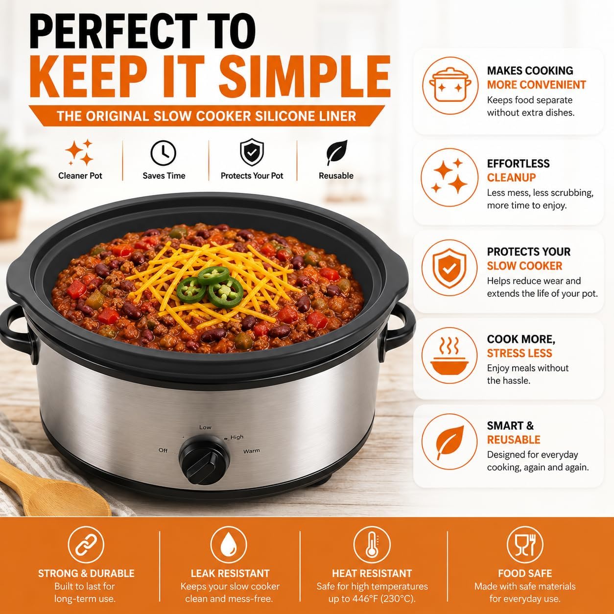 FROVEN 4-4.5 Quart Slow Cooker Liner Insert Reusable Silicone accessories | For most oval 4QT to 4.5QT slow cookers; Thick & Sturdy; Heat-resistant; Dishwasher-safe; Easy cleanup; 1-compartment design
