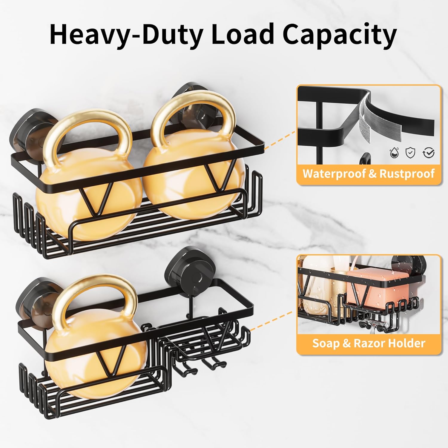 KEGII Shower Caddy Suction Cup, 4 Pack Suction Shower Shelf with Towel Rack No Drilling, Removable Shower Organizer with Hooks & Soap Holder, Space-Saving Bathroom Storage (Black)