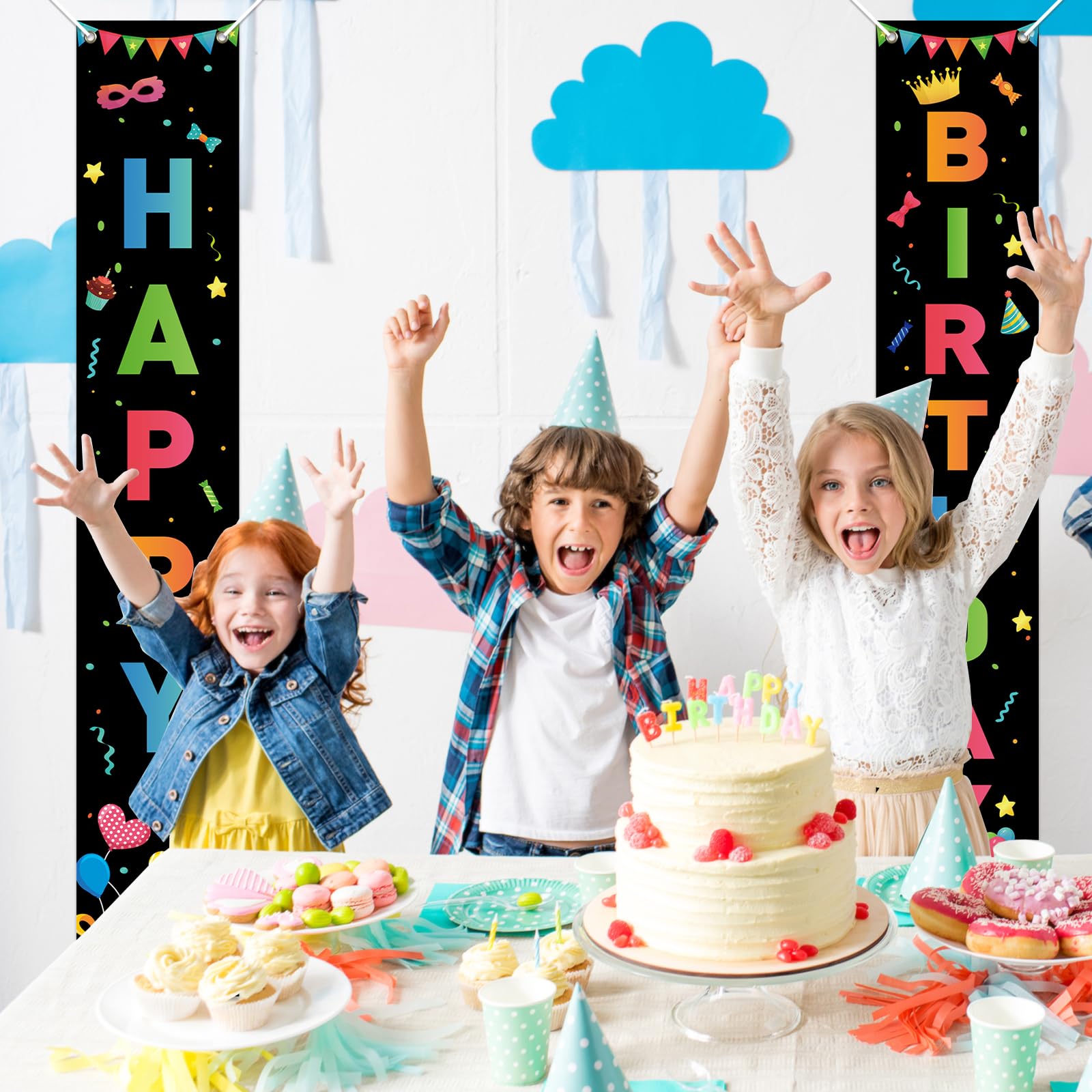Koliphy Happy Birthday Banner – Groot 150x90 Cm – Met Touw & Ringen – Herbruikbare Achtergrond Voor Verjaardagsfeestjes