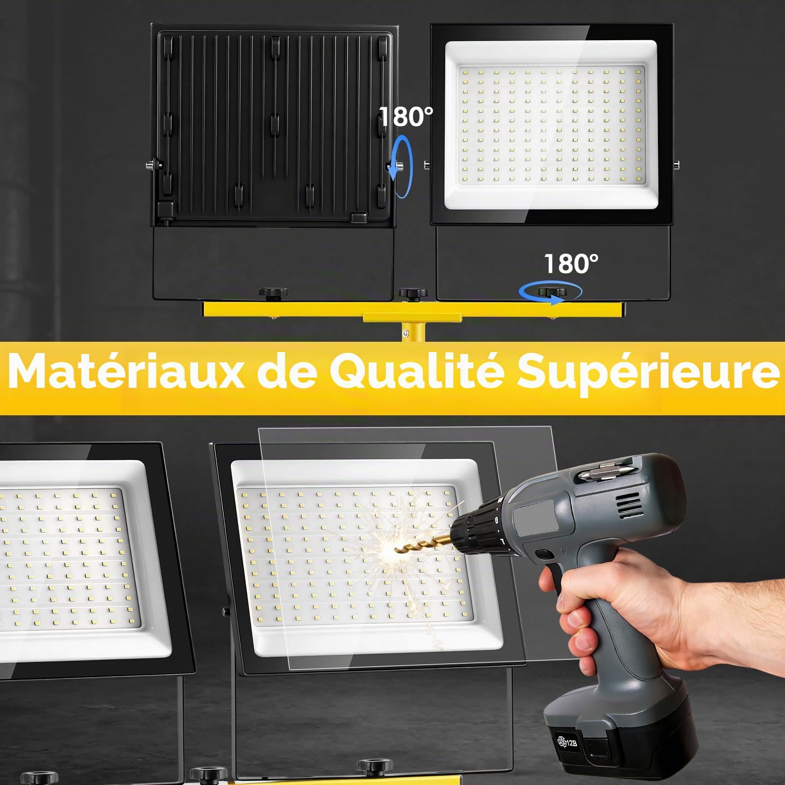 Papasbox Lampe de chantier LED 300 W avec trépied, télécommande, interrupteur et prise | Lampe de chantier 6500 K blanc froid, étanche IP66, intensité variable, pour atelier et chantier