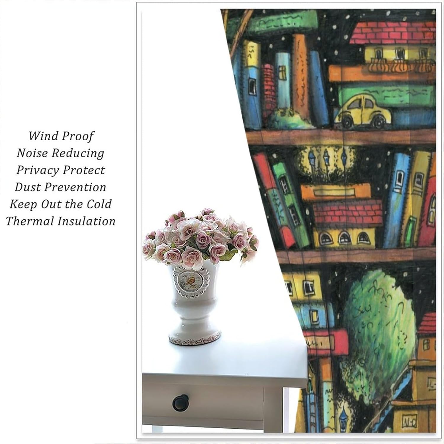 Bookshelf Curtains for Study School Library Reading Room Bedroom Book Rod Pocket Blackout Window Treatment Cartoon The Tree Home Decor Window Drapes 42x45in