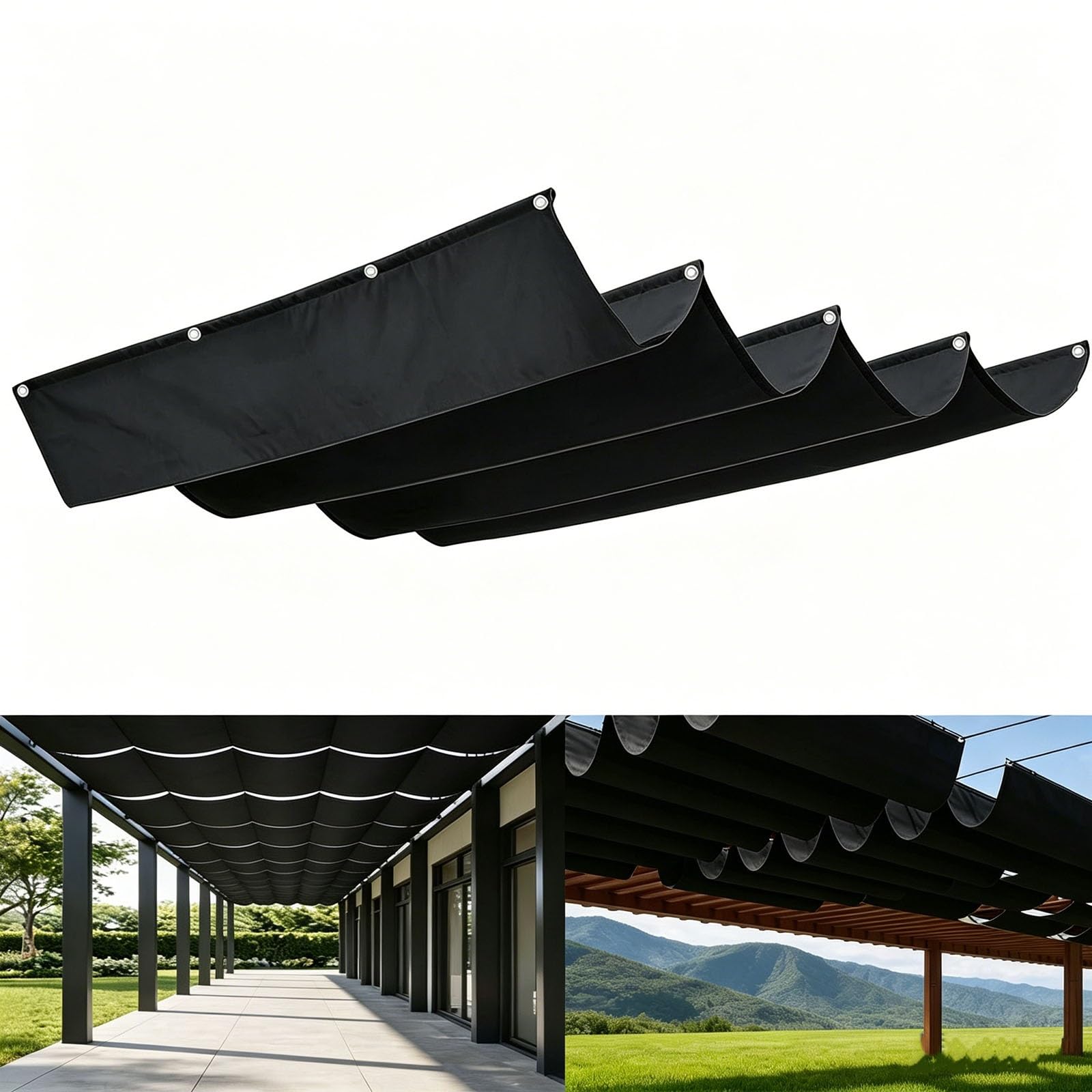 Voile d'ombrage rétractable vague 2x6m noir en toile PES pour extérieur
