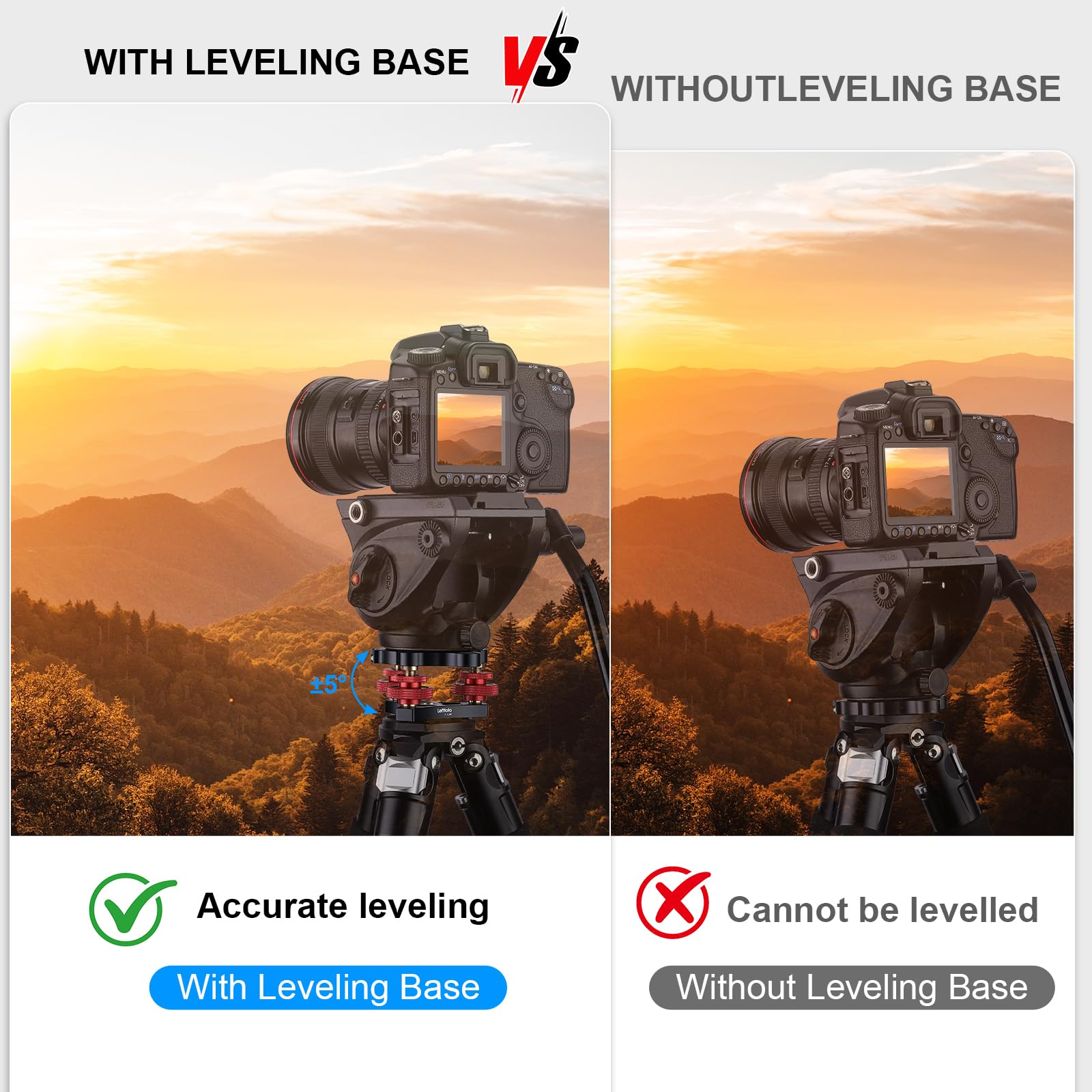 Leftfoto Trépied de nivellement avec support de réglage de précision +/- 5 degrés pour tête panoramique rotule vidéo et trépied