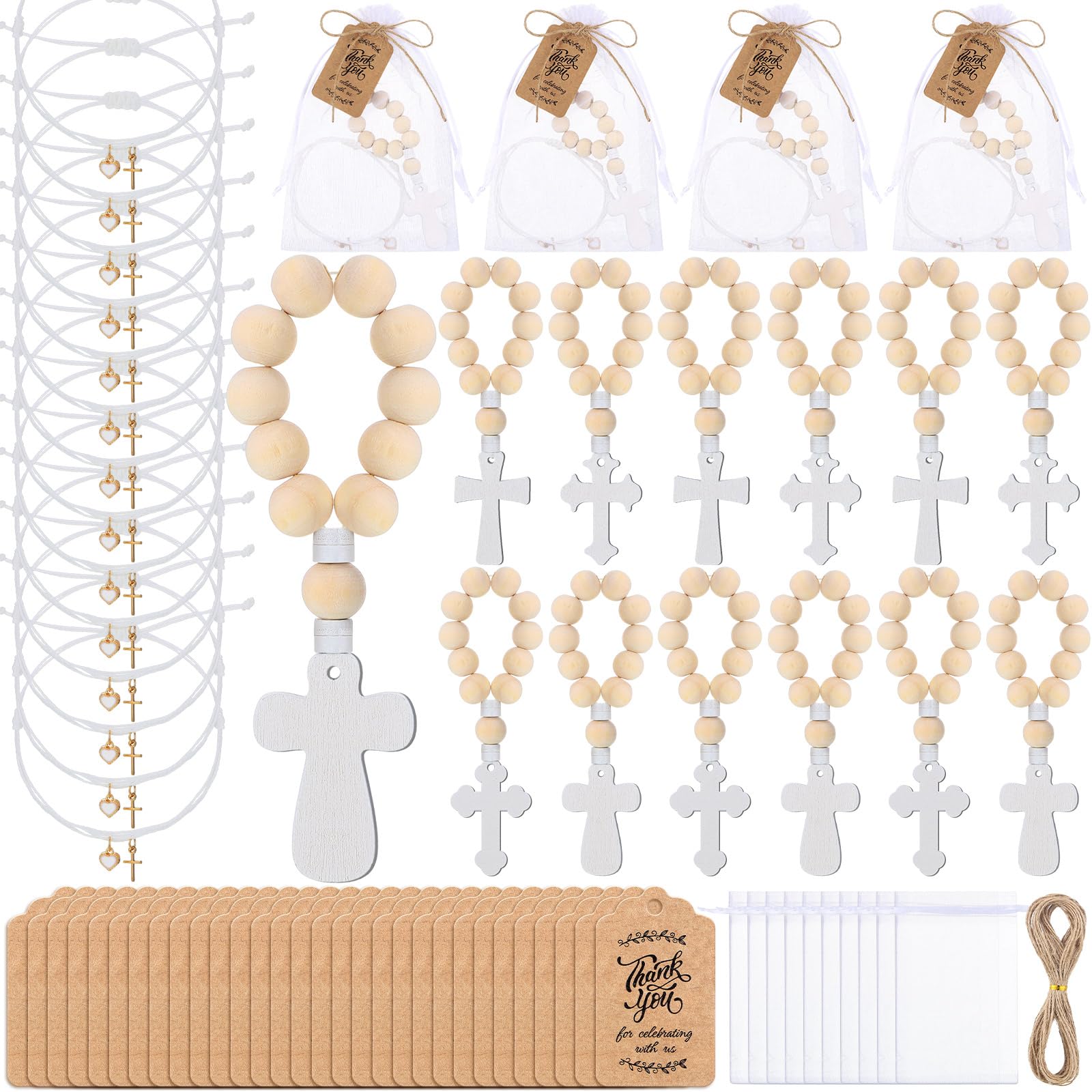 Supervitae 60 Pcs Baptism Favors for Guests First Communion Gifts Include Adjustable Cross Heart Bracelet, Wooden Rosary, Thank You Card and White