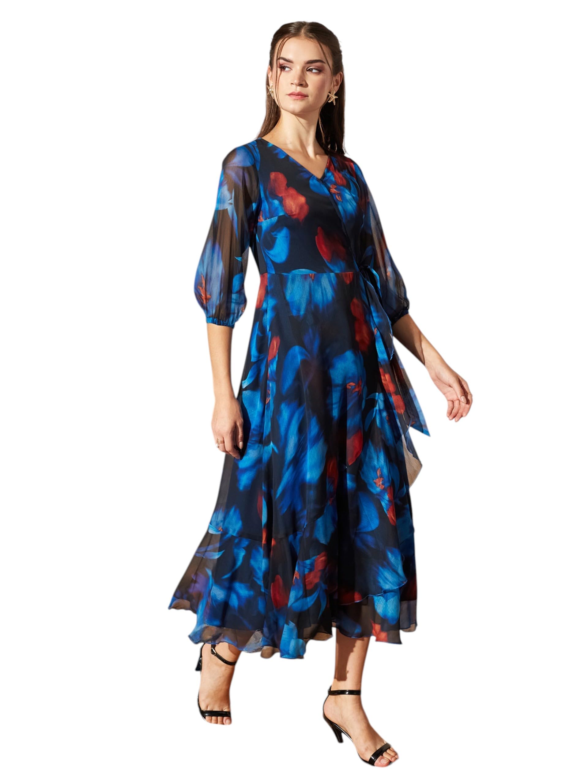 miss chase Women’s Multicolored Black Floral V-Neck 3/4 Sleeve Wrap Chiffon Midi Dress-picture-25