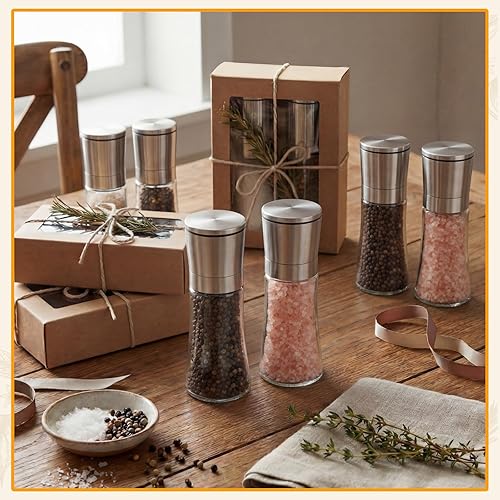 Miniatura 5 de Molinillo de sal y pimienta de acero inoxidable con grosor ajustable, molinillo de especias de vidrio recargable (simple, plateado, 6)