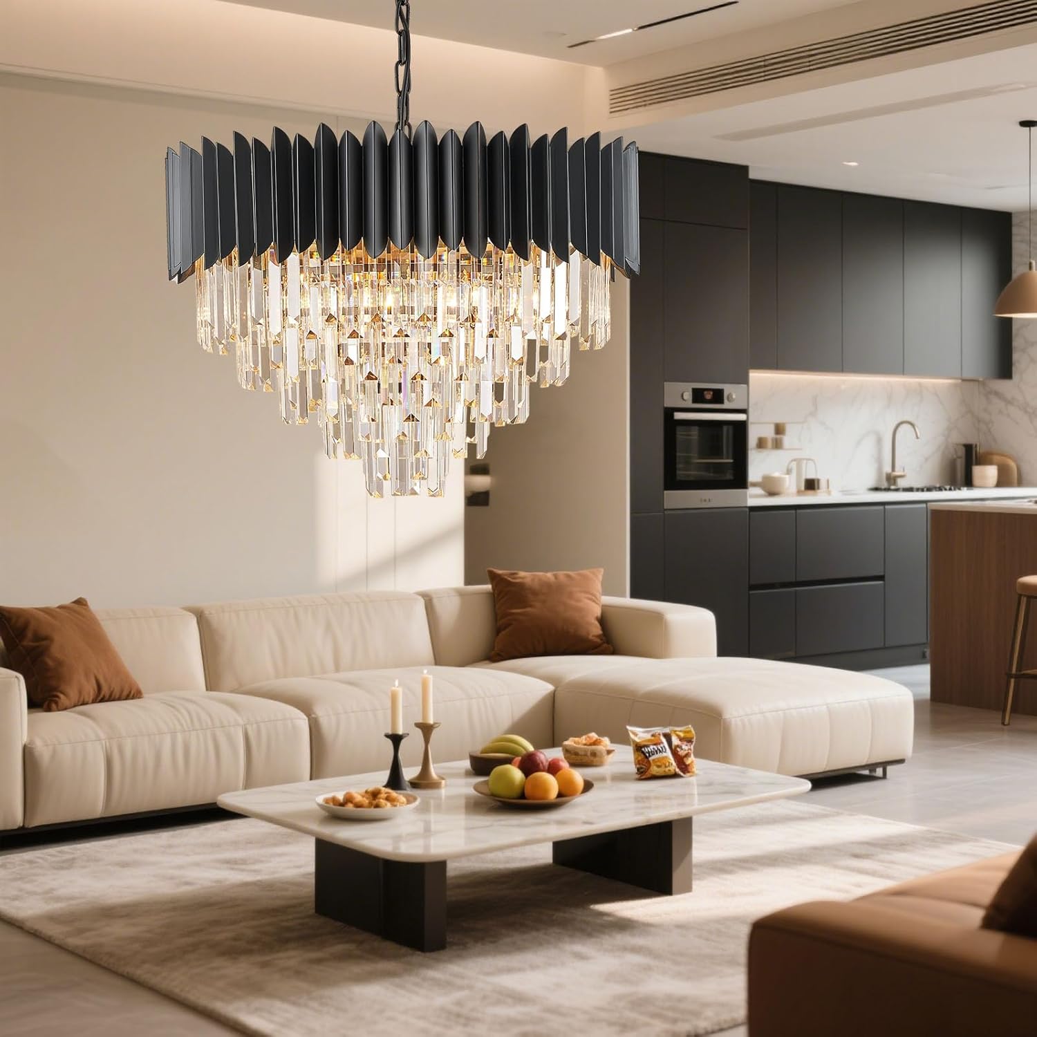 24" Modern Black Crystal Chandeliers 5-Tier 10 Lights Ceiling Light Fixture K9 Crystal Hanging Pendant Ceiling Light for Dining Room Living Room Bedroom Entryway