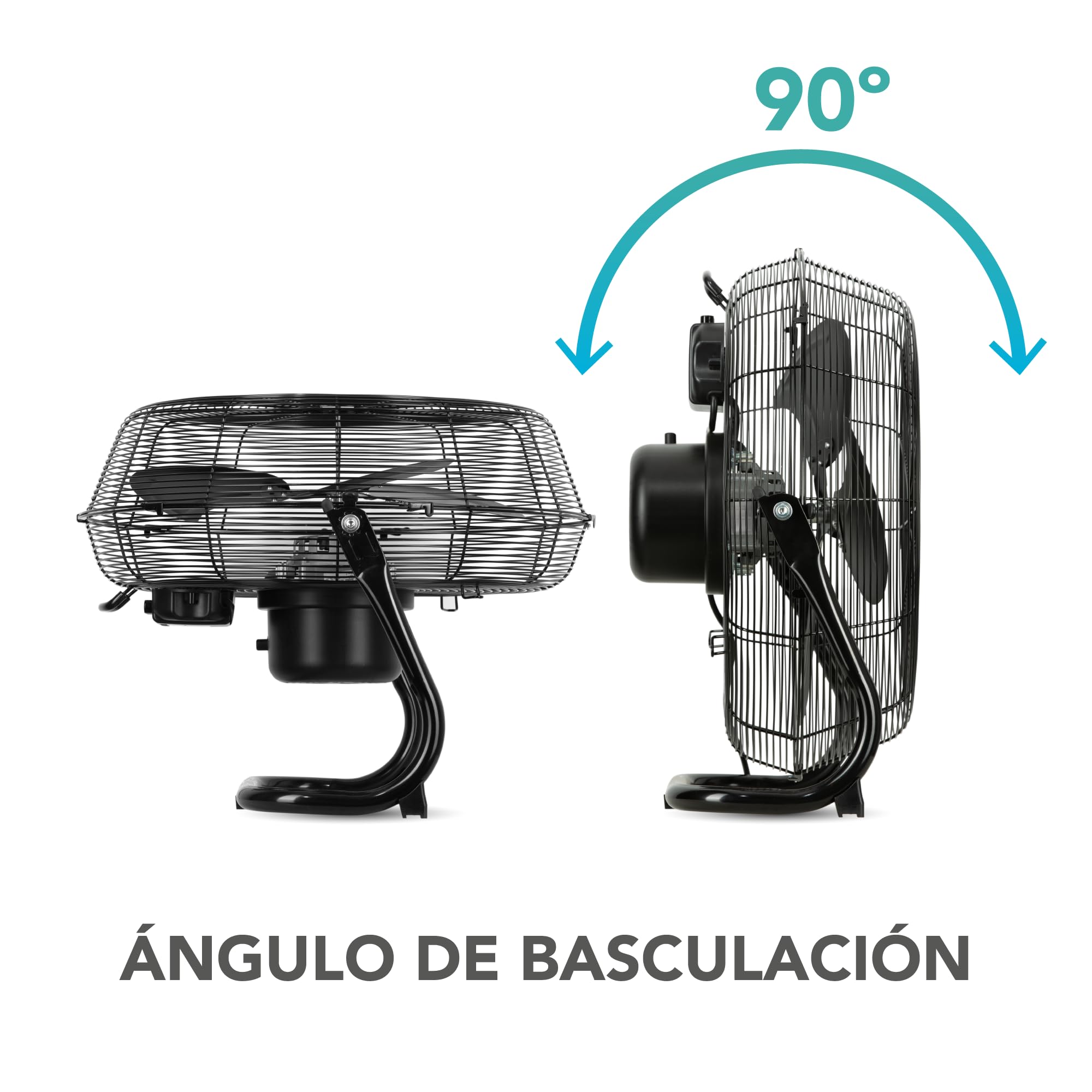 Soleq Ventilador de Suelo Industrial Negro. Motor de 90W. 3 Aspas Metálicas Ø51cm. Flujo de Aire Potente. 3 Velocidades. Basculación 90º. Base Antideslizante.