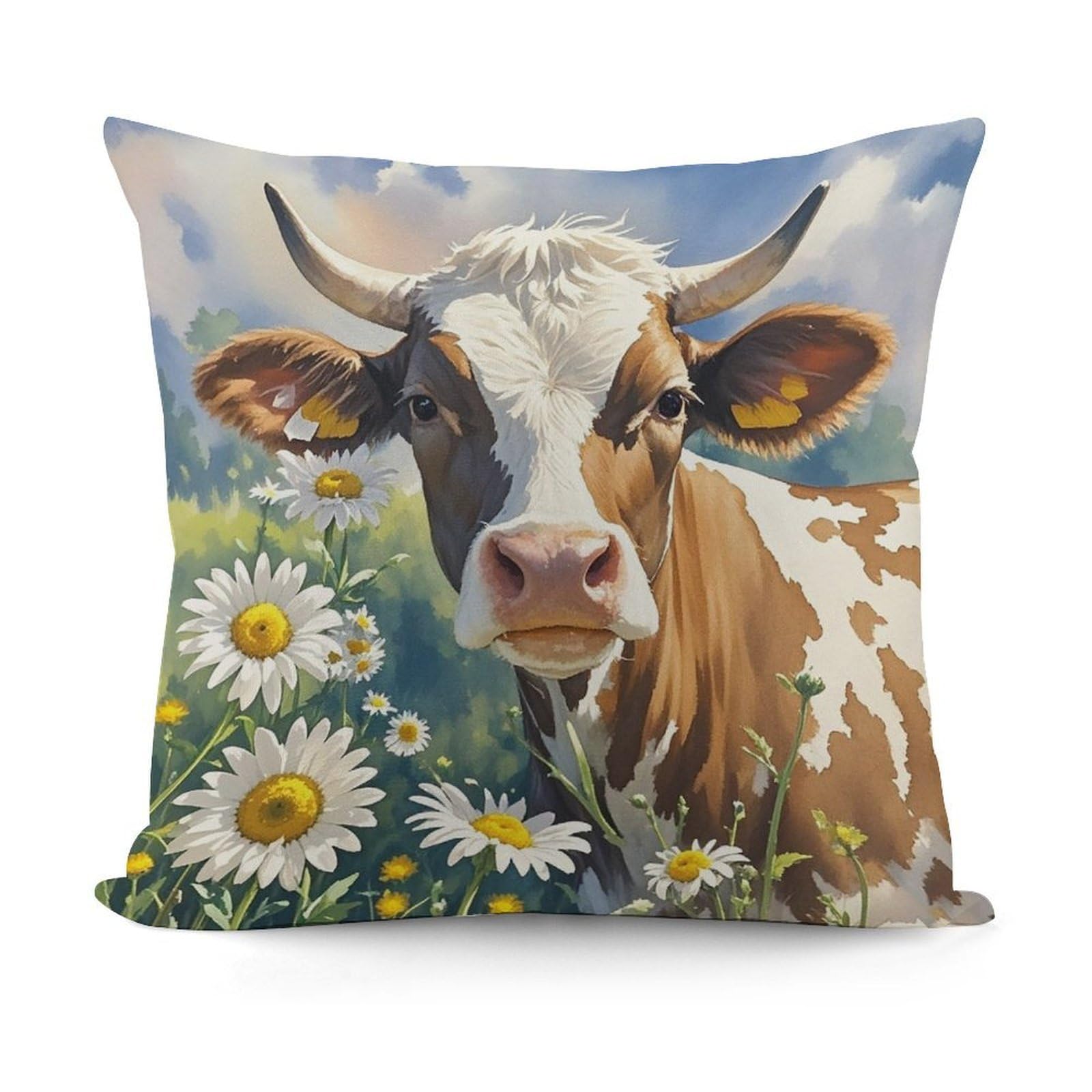LZQPOEAS Watercolor Cow and Daisy Flower Throw Pillow Cover 18x18 in Breathable Square Pillow Case Cozy Soft Pillowcase Protector Fashion Modern Couch Cushion Case for Living Room Bed Sofa Decor
