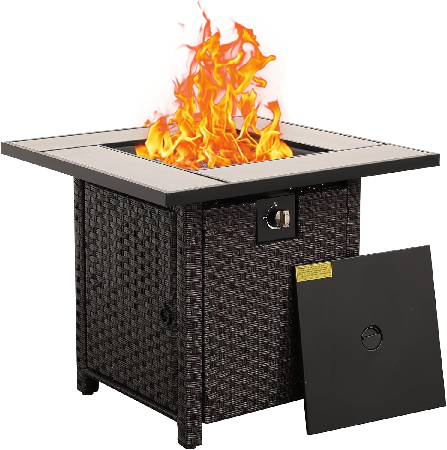 50000 BTU Brown Wicker Gas Fire Pit Outdoor Fire Pit Table 30 Inch Fire Pits for Outside with Woodgrain Marble Tabletop Fire Pit Cover and Blue Crystal Beads