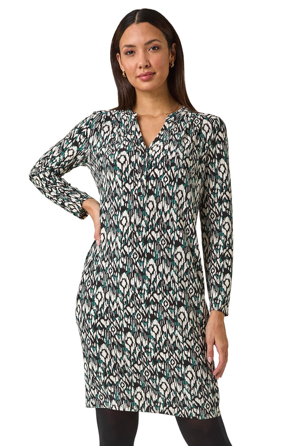 Roman Women's Aztec Print V-Neck Shift Stretch Dress in Teal | Size: 18