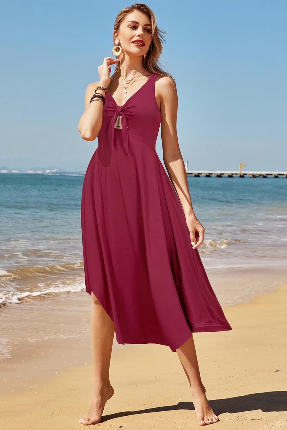 VOTEPRETTY Womens Summer Maxi Dresses 2026 Tie Front Beach Vacation Sundress Hawaiian Tropical Outfit Floral Sundress - Image 5