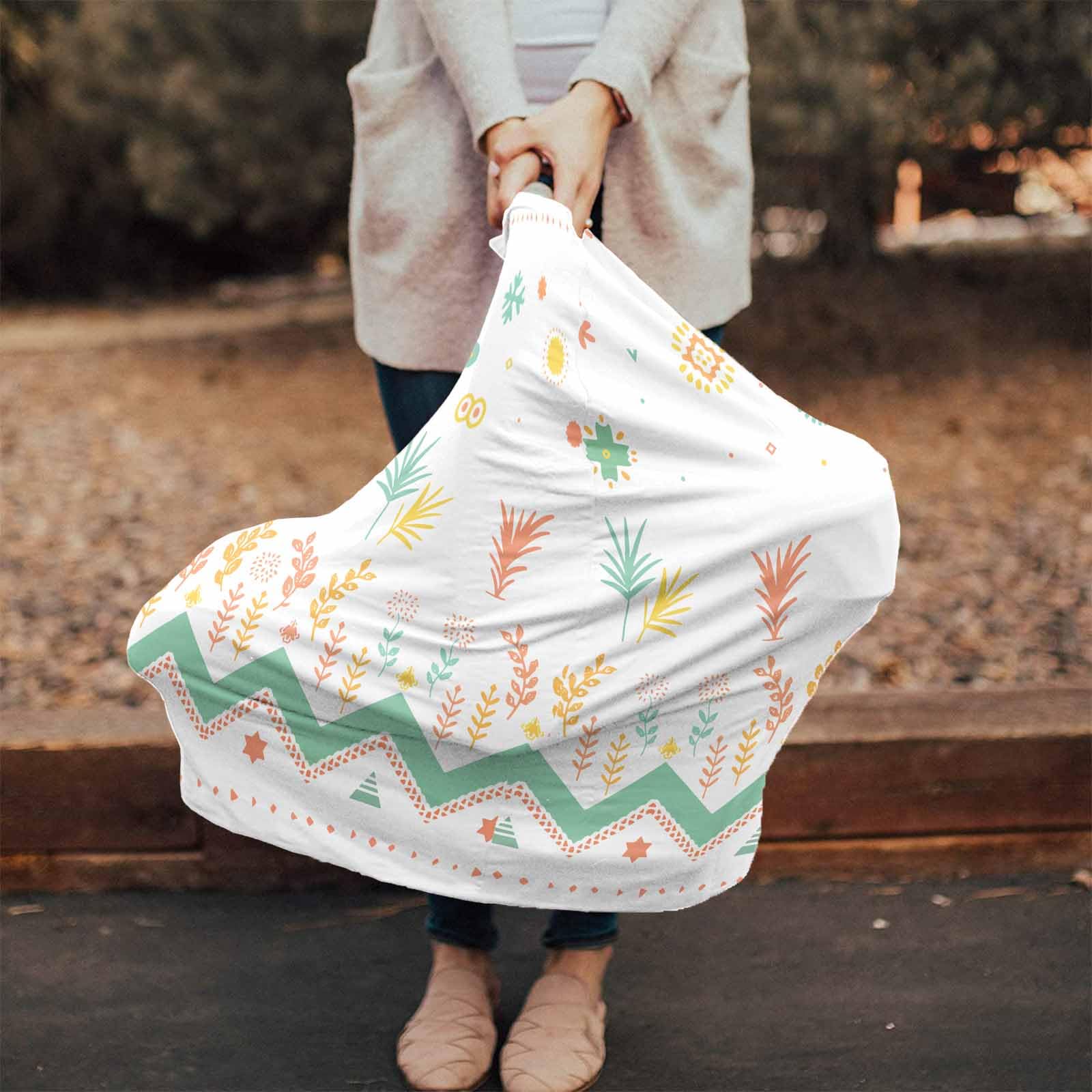 Nursing Cover for Breastfeeding Scarf, Green Orange Yellow Plant Geometric Baby Car Covers Super Soft Multi Use for Canopy Shopping Cart Cover Blanket Stroller Cover
