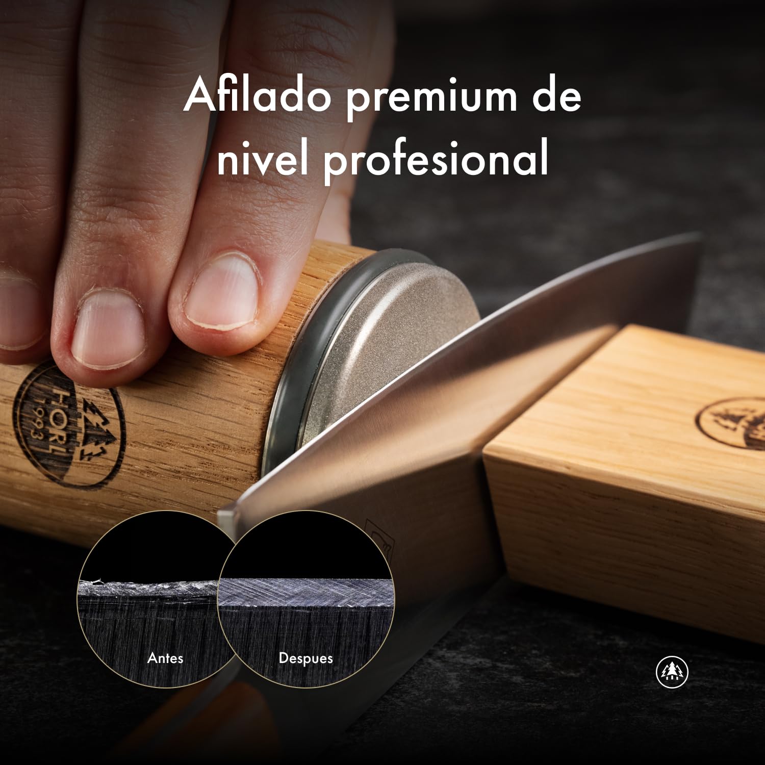 Rodillo afilador HORL2 roble - Afilador para cuchillos de cocina y para un filo extremo - rodillo afilador para cuchillos con soporte magnético con ángulos de 15 y 20 grados