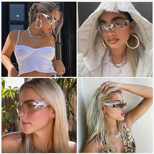 Vista 2 de BAWUYI Y2K - Lentes de sol con visera para mujeres y hombres, a la moda, sin marco, envolventes, de los años 2000, con diseño de cíclope cibernético