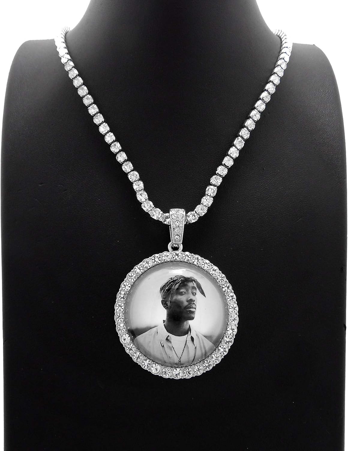 Iced Hip Hop White Gold PT 2Pac Picture Frame Pendant & 18" 1 Row Bling Rhinestone Chain Fashion Necklace - Image 4