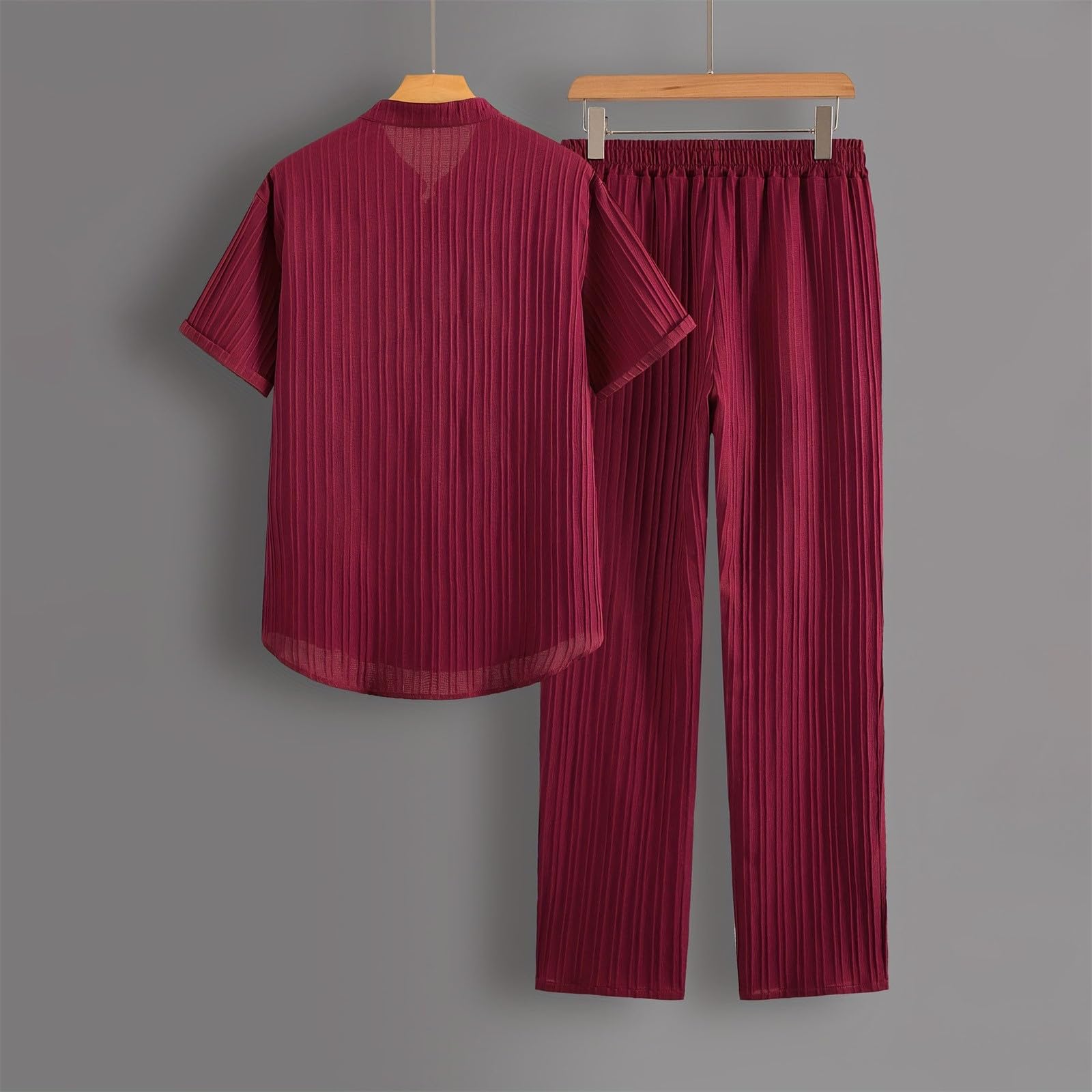 Combinaison de loisirs d'été pour homme - Chemise à manches courtes + pantalon long - Tenue de plage légère et ample - Chemise à manches courtes et pantalon en tissu - Ensemble décontracté 2 pièces