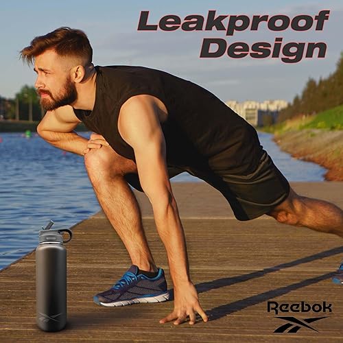 Miniatura 5 de Reebok Botella de agua de acero inoxidable con popote y diseño atlético, botellas de agua aisladas de 32 onzas, botella de agua deportiva aislada al