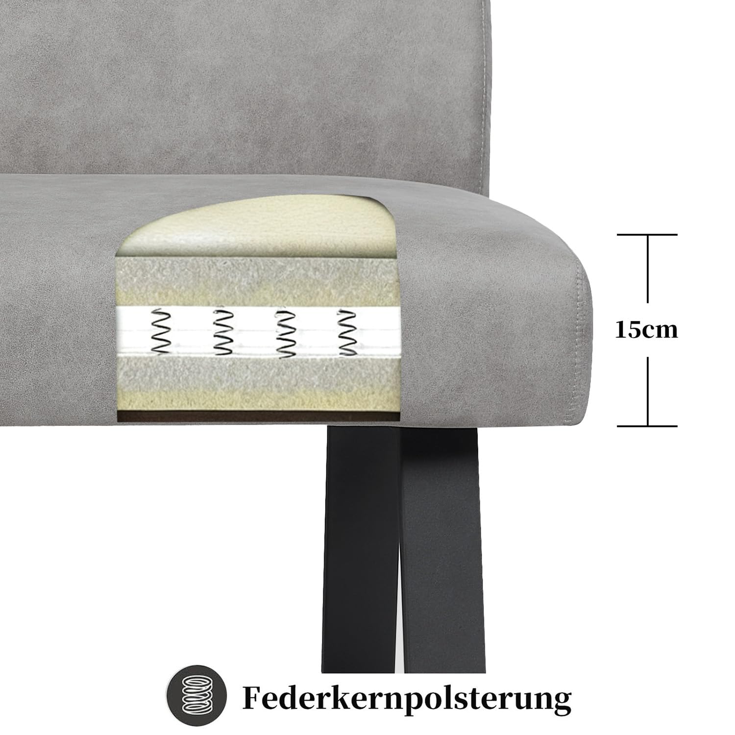 DUBI Möbel Sitzbank Joyce 160 cm mit Federkernpolsterung – Moderne Esszimmerbank Grau – Gepolsterte Küchenbank mit 15 cm Polsterung & Metallbeinen Schwarz