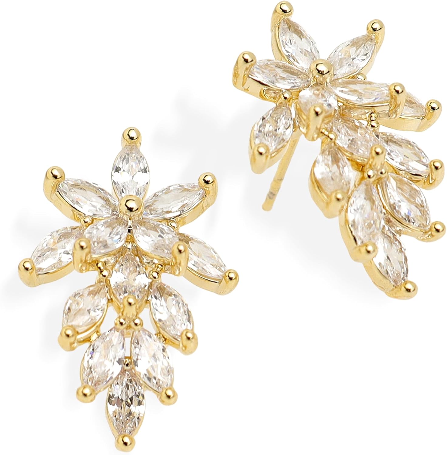 Dainty Gold Rhinestone Leaf Flower Stud Earrings for Women, Statement Marquise Cluster Opal Cubic Zirconia Hypoallergenic Earing Bridal Wedding Prom Jewelry Gift