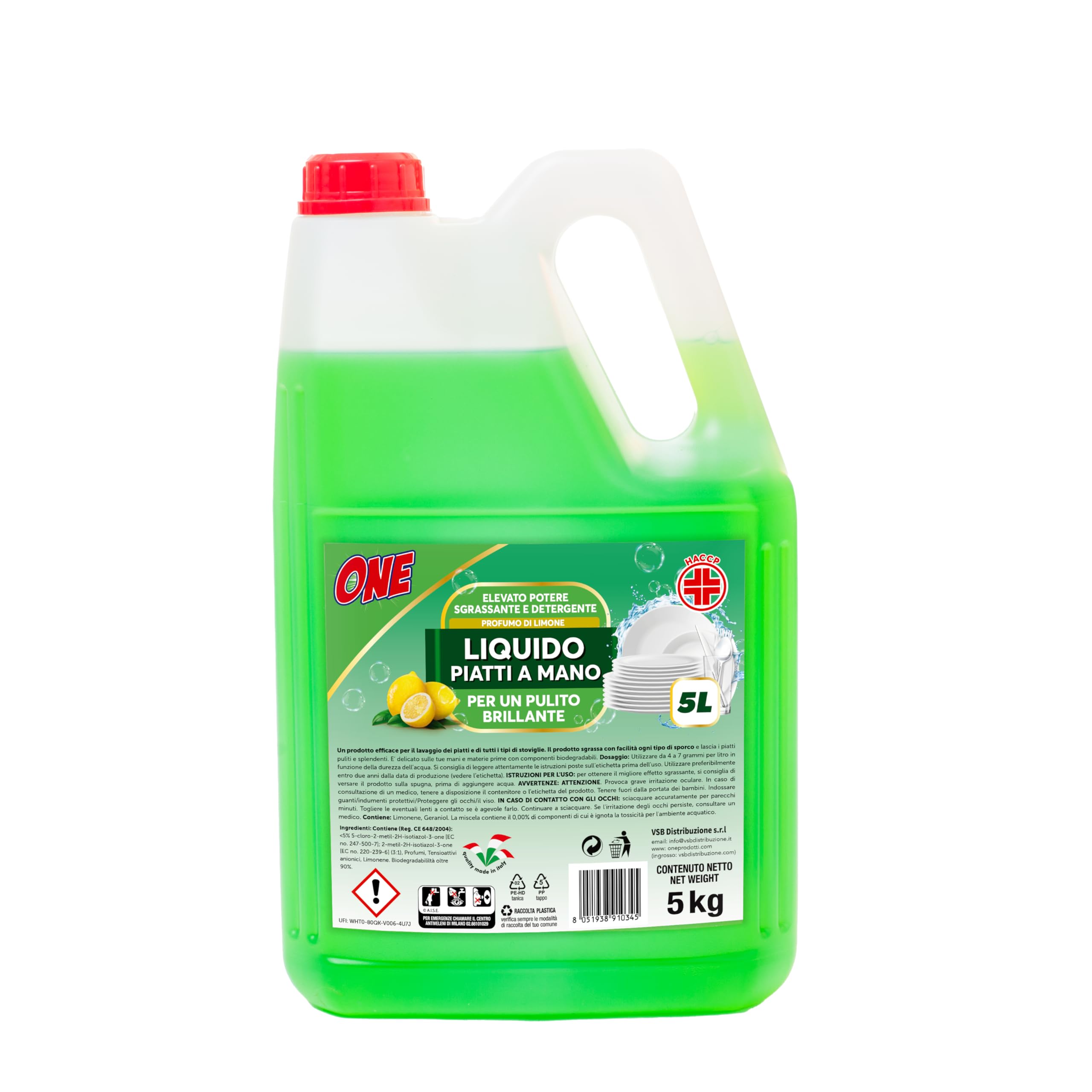 ONE - 5 Litri di DETERSIVO LIQUIDO DETERGENTE PIATTI A MANO al profumo di  LIMONE - Elevanto potere sgrassante e detergente per un pulito brillante -  ...