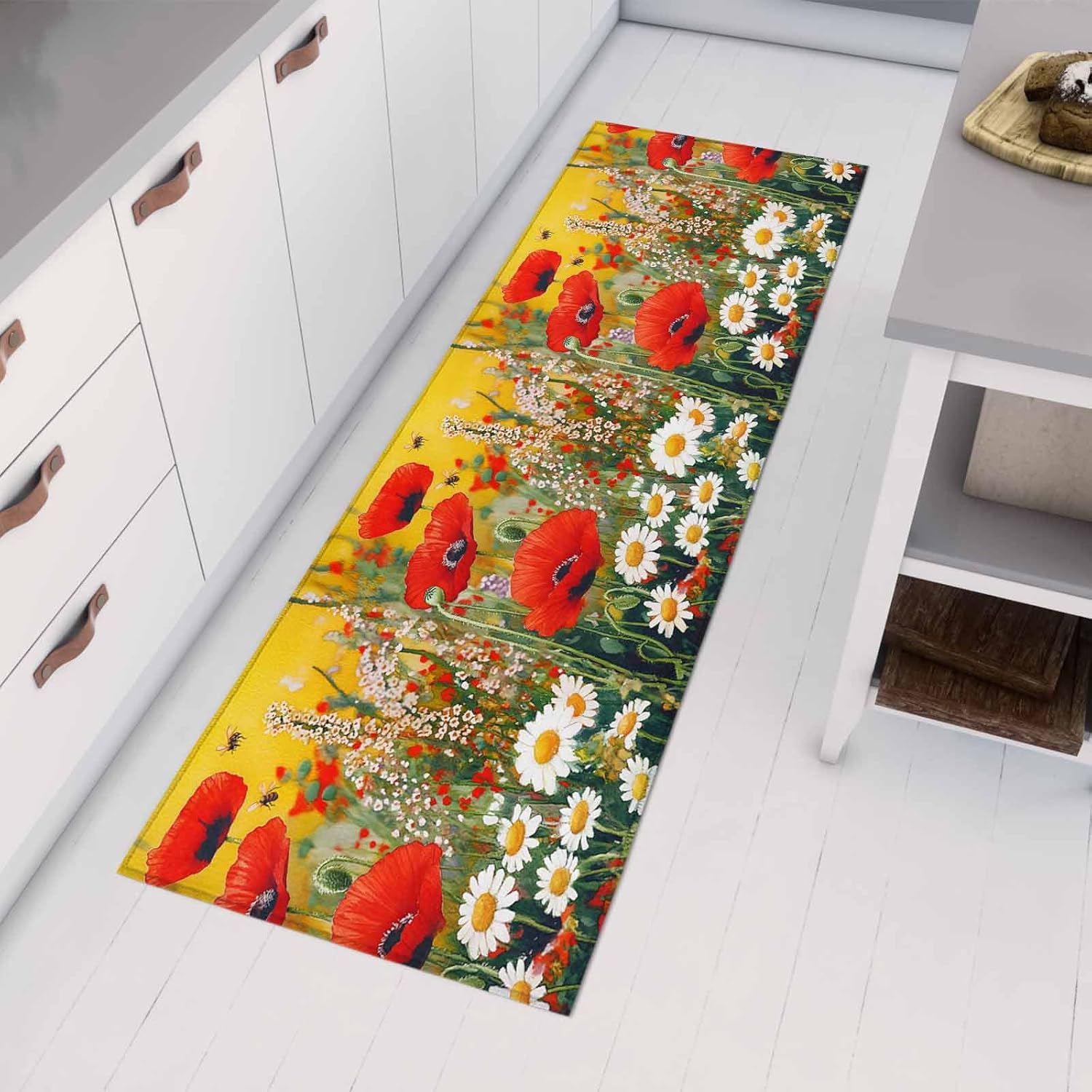 Kitchen Mats for Floor Modern Pastoral Flower Bee Washable Non Slip Kitchen Rugs 1PCS, Oil Painting Farmhouse Plant Bee Absorbent Standing Mats for Sink Bathroom Office Living Room 15.7x47.2in