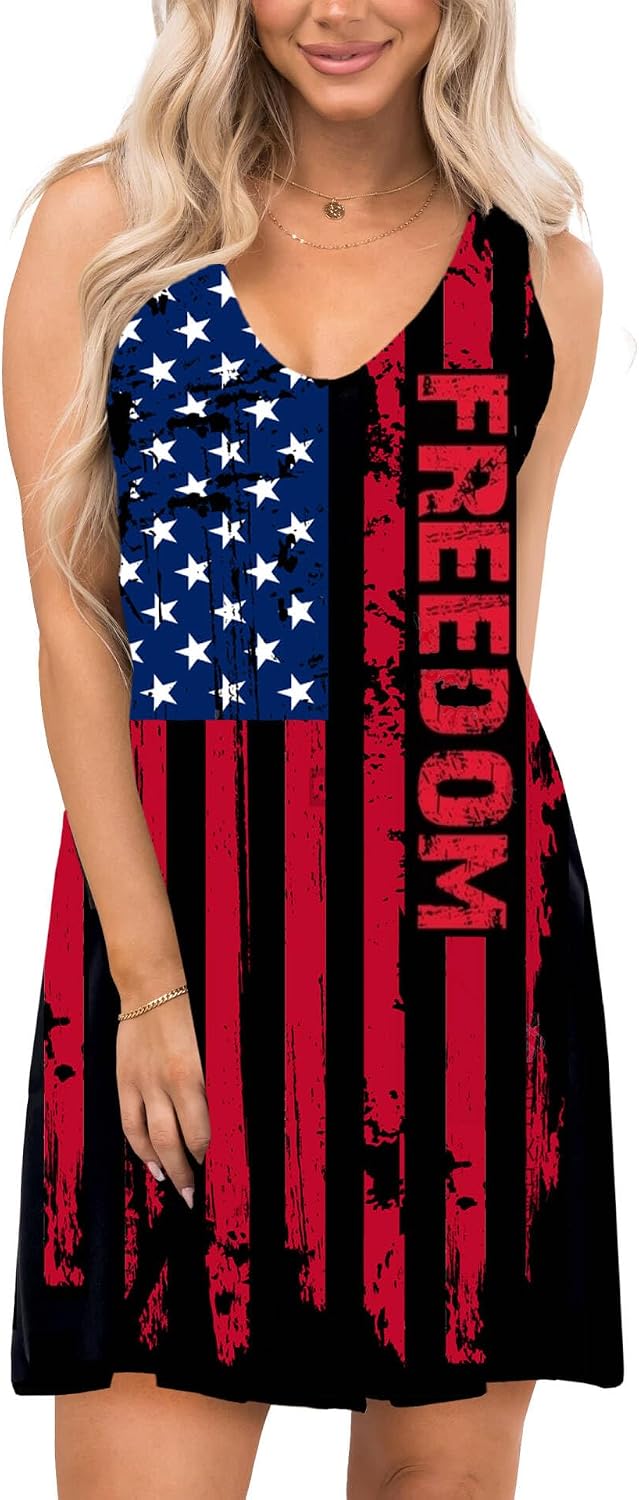 AOBUTE Women 4th of July Sleeveless Cover Up Dress Patriotic V Neck Dresses