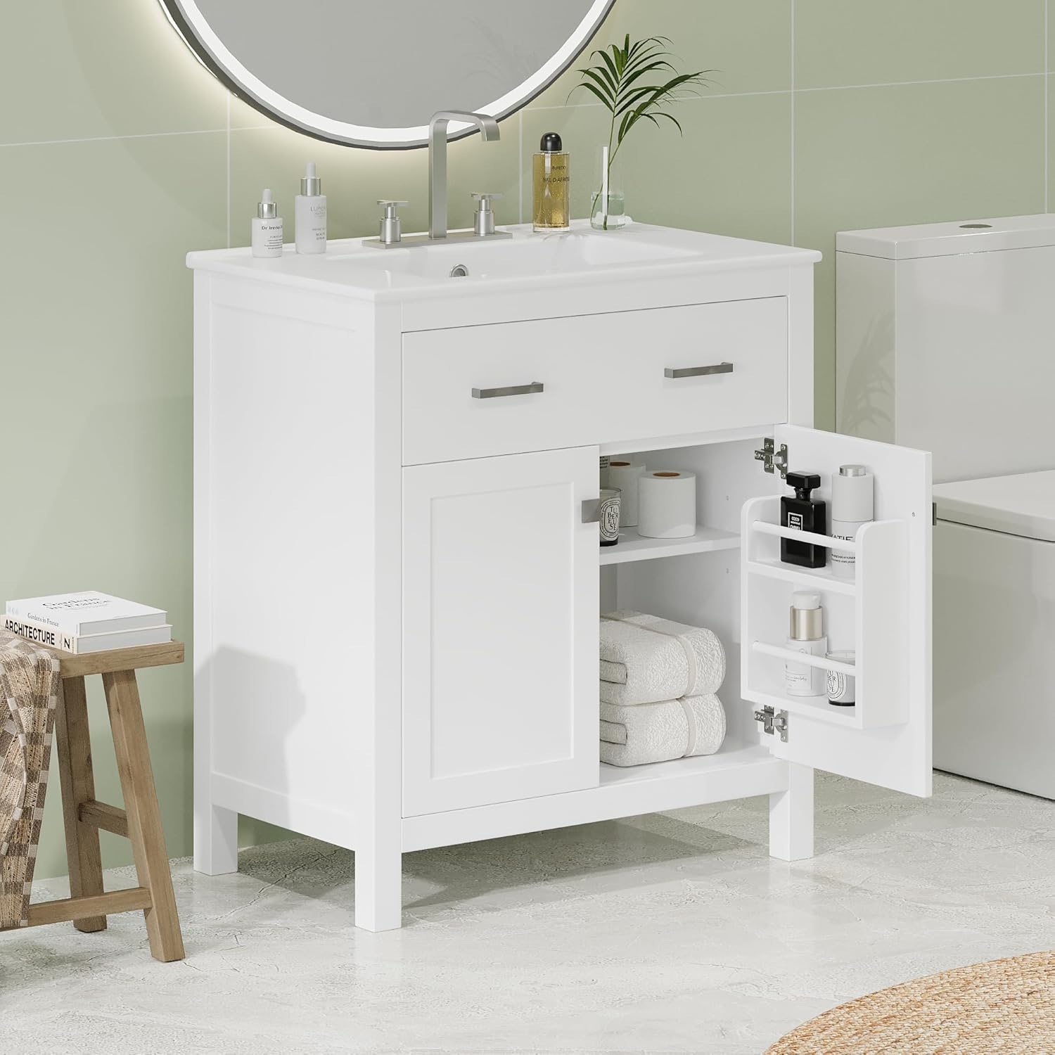 Virubi 30 in Bathroom Vanity with Sink,2 Storage Doors,1 Tip-Out Drawer,Adjustable Shelf,and Soft Closing, Solid Wood & MDF Modern Single Bathroom Sink Cabinet, Freestanding (White)