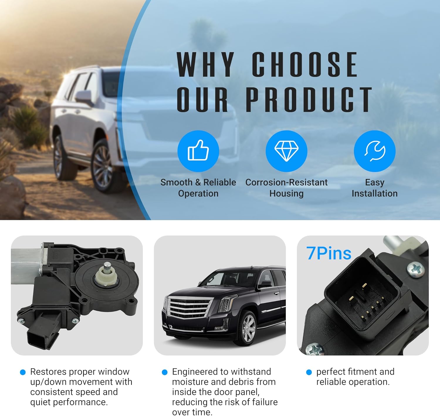 7 Pins Driver Side Door Window Motor for Chevy Silverado Suburban 1500 2500 3500 HD Tahoe GMC Sierra 1500 2500 3500 HD Yukon XL Cadillac Escalade ESV 22921493