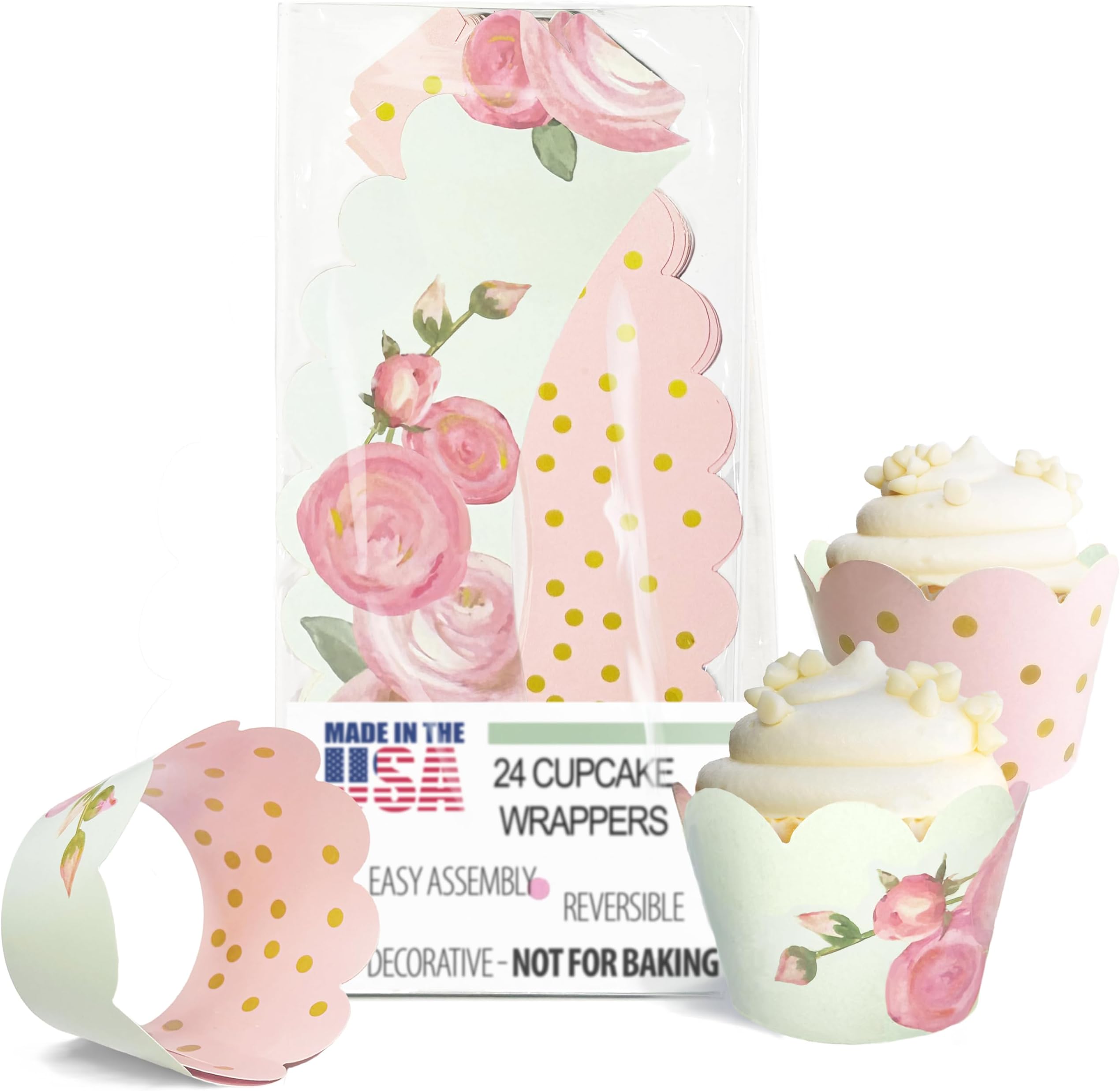 Floral Cupcake Wrappers - Blush Pink Gold Vintage Rose Baby Shower Decoration Liners, Romantic Fairytale Wedding Bridal Tea, Princess Birthday Party Girl Gender Reveal Reversible Cake Wrap (24 Count)