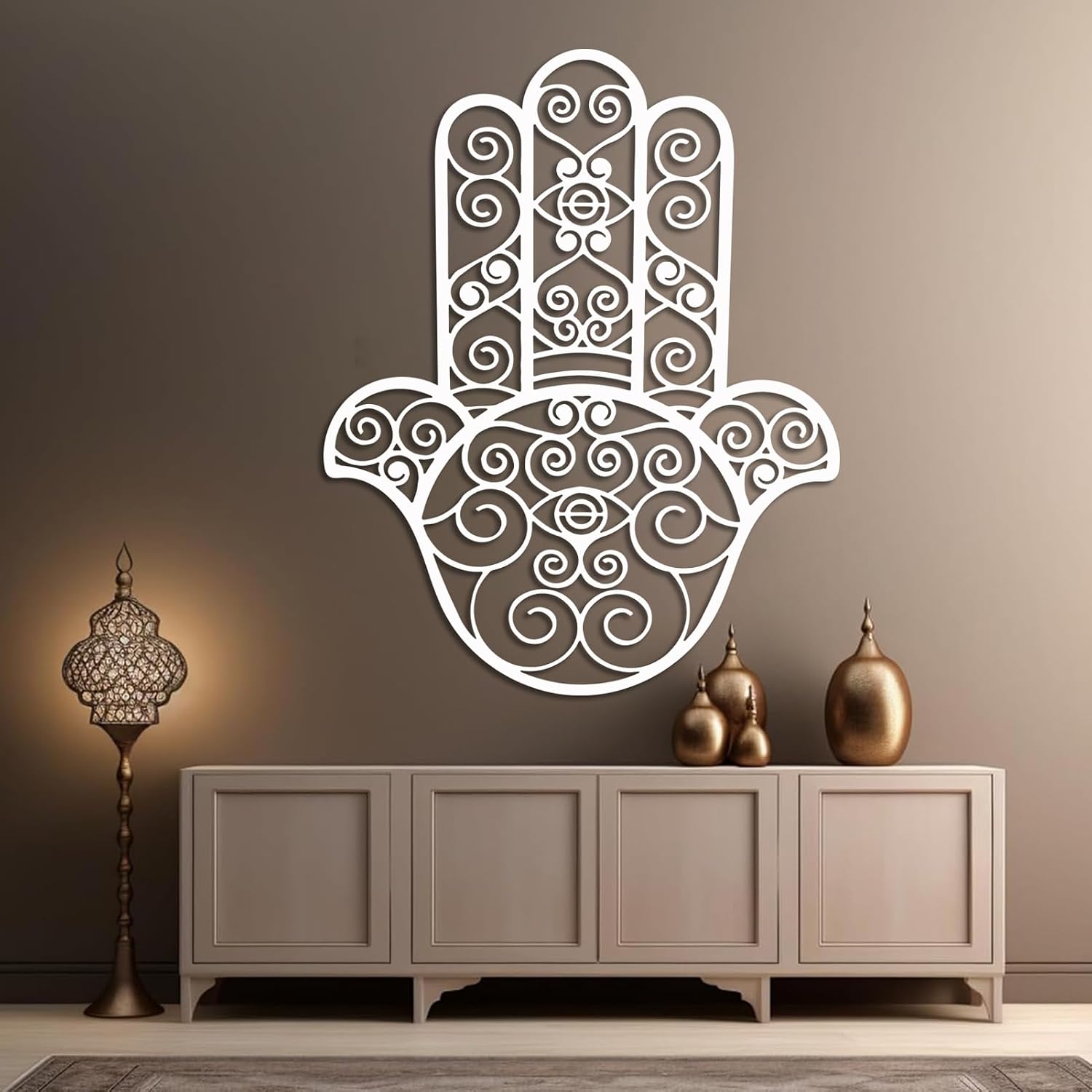 WithHope Hamsa Hand Metal Wall Art, Sacred Geometry Evil Eye Decor, Boho Spiritual Wall Sculpture for Living Room Bedroom Office, Hand of Fatima Metal Wall Decor (White, 49"x 39"|125x100cm)