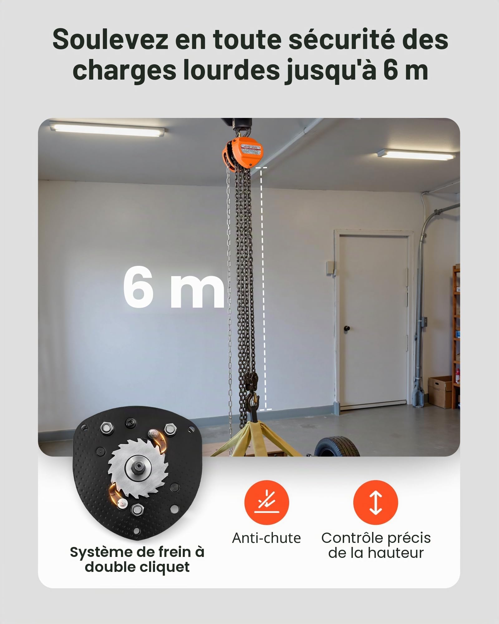 VEVOR Palan Manuel à Chaîne, Capacité Charge 3 T, Hauteur de Levage 6 m, avec Crochet Robuste, Chaîne G80, Système de Frein à Double Cliquet, Levage de Marchandise pour Garages, Chantiers, Entrepôts