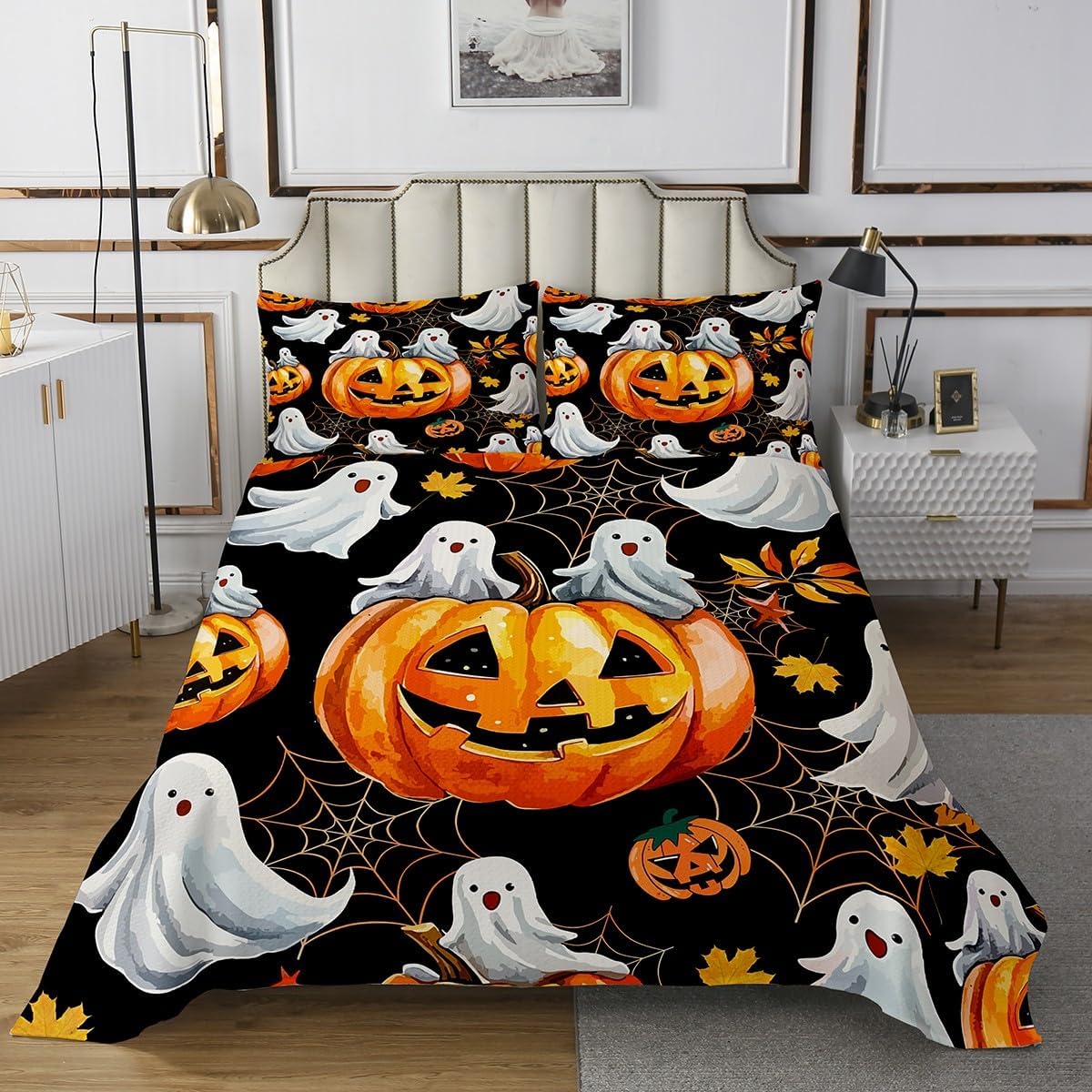 Erosebridal Gothic Bedspread Set, Horror Pumpkin Lantern Coverlet Set Queen Spooky Dark Shadows Castle Quilted, Orange Halloween Lights Decor, Vintage Skeleton Halloween Decor