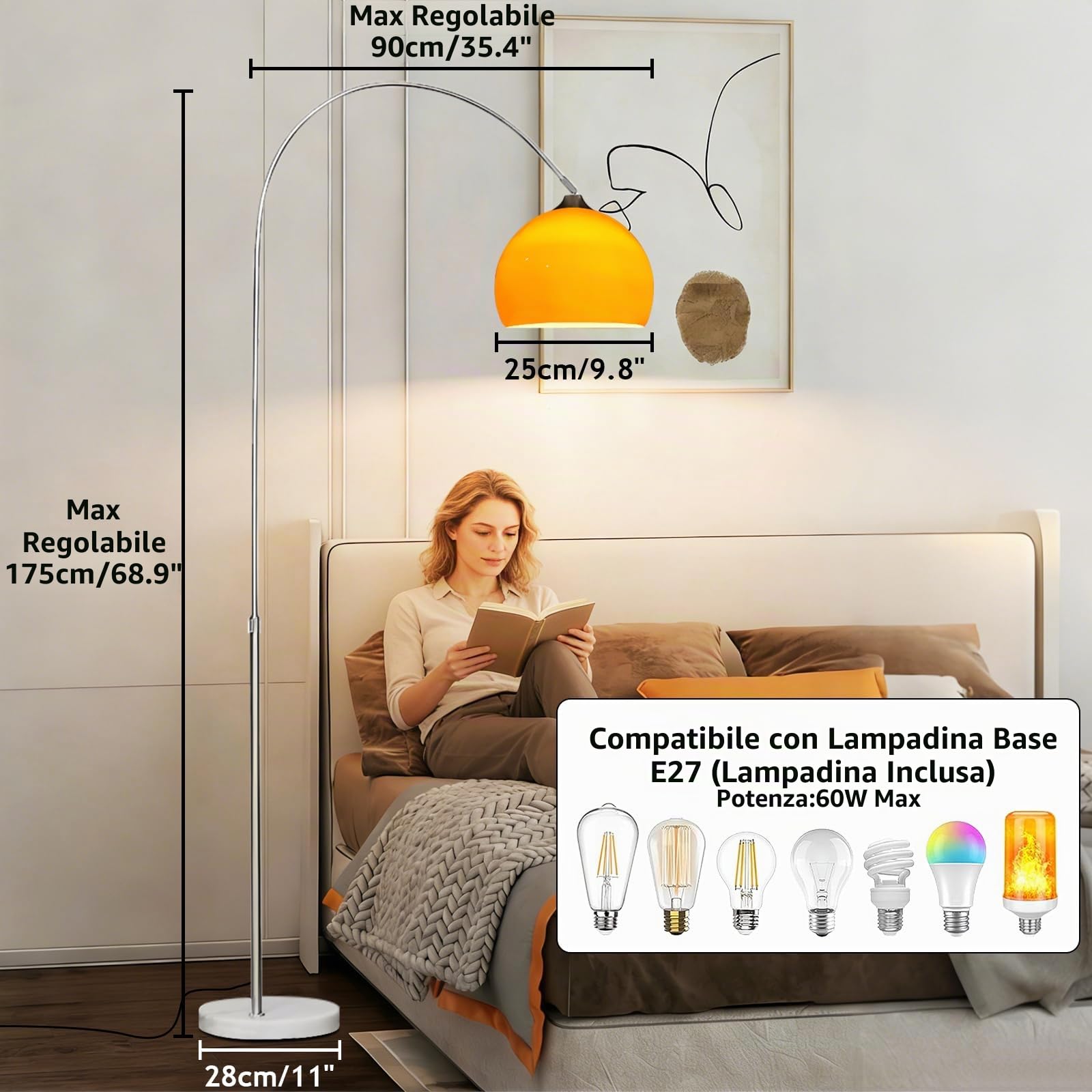 Lampada Da Terra Ad Arco Arancione Mid-Century, Base In Marmo | Altezza Regolabile, Globo Acrilico, Lampadina RGB E27 Dimmerabile, Comando App, Stelo Cromato Per Soggiorno, Camera E Ufficio