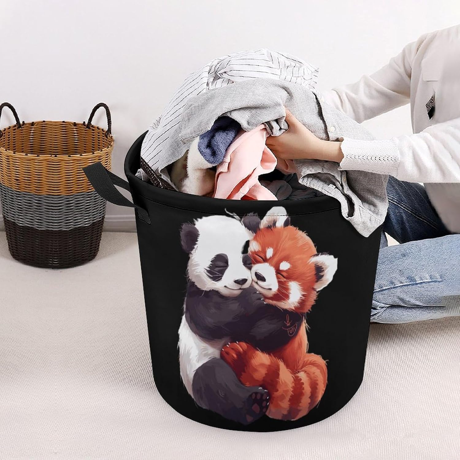 Kawaii Panda Hugging Red Panda Funny Laundry Basket Round Hamper with Handles Washing Bin Clothes Storage Bag Collapsible Organizer