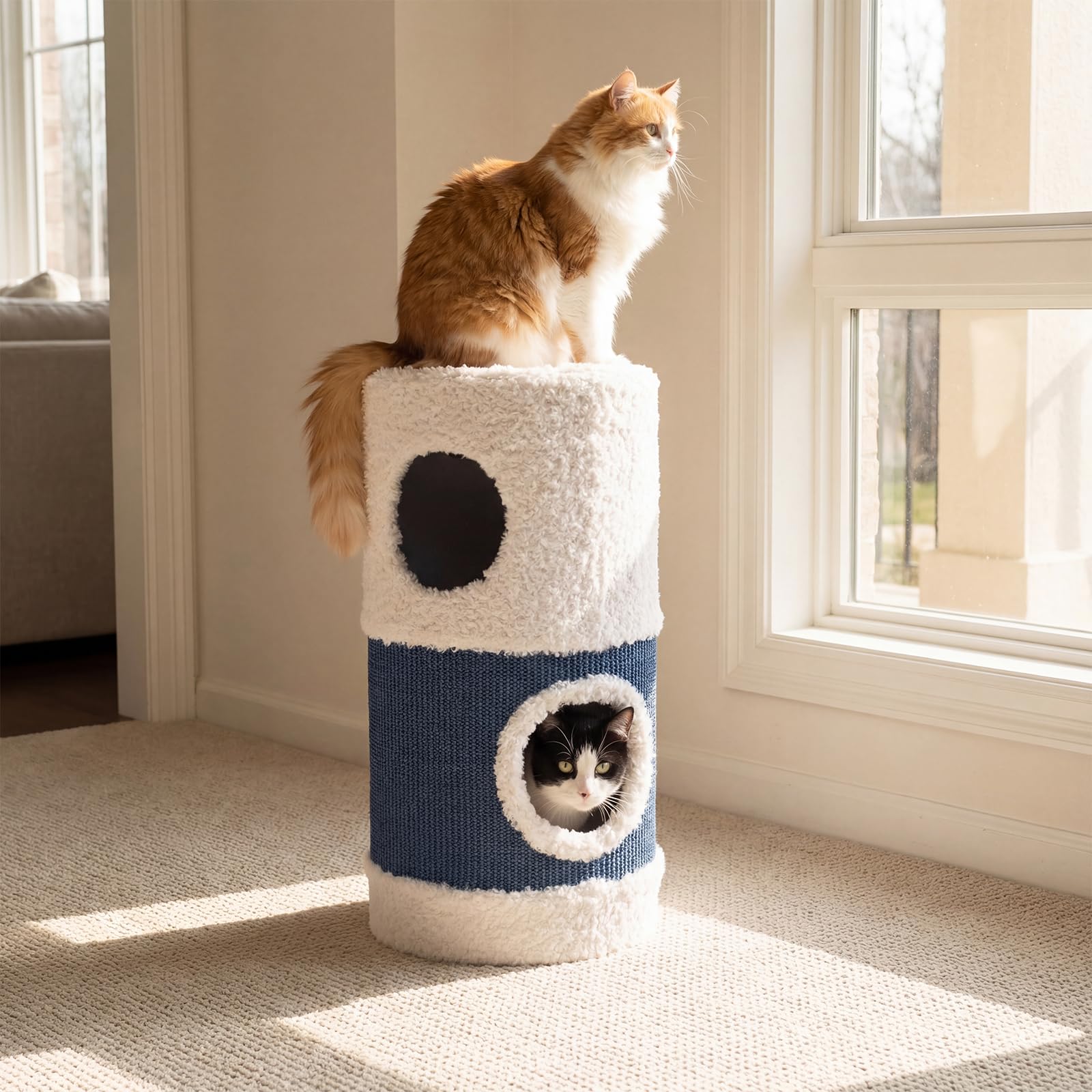 COSTWAY Kratztonne, Ø 35 cm, 66 cm hoch, Katzentonne mit Sisal-Kratzmatte, 2 Katzenhöhlen, Bett & Plüschrand, Kratzbaum für kleine und mittelgroße Katzen, Katzenbaum bis 15 kg, Blau