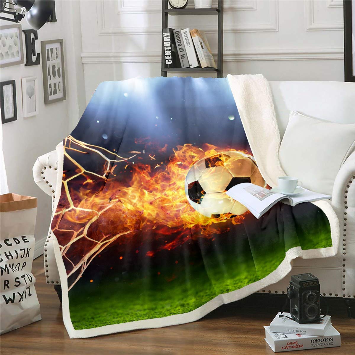 Soccer Sherpa Blanket Football Fleece Throw Blanket for Kids Boys Girls 3D Fire Ball Pattern Plush Blanket Sports Themed Fuzzy Blanket for Sofa Bed Couch,Double 60x79 Inch — image 1