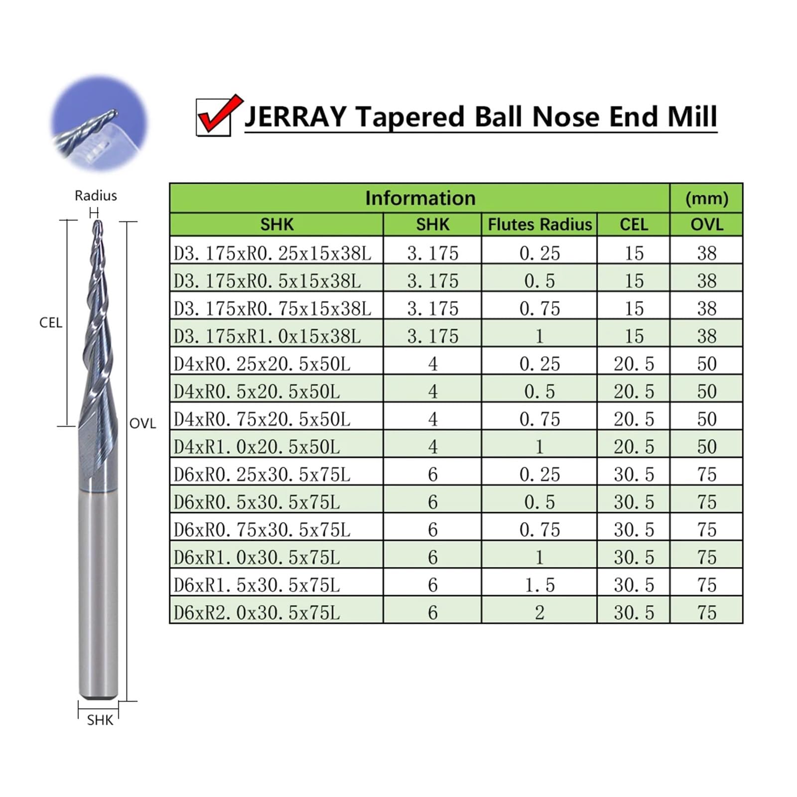 10 piezas/lote de 3,175 mm, 4 mm, 6 mm, 2 flautas, punta de bola, fresa cónica de carburo sólido, brocas de enrutador CNC for madera y metal(6.0xR1.0x30.5x75L)