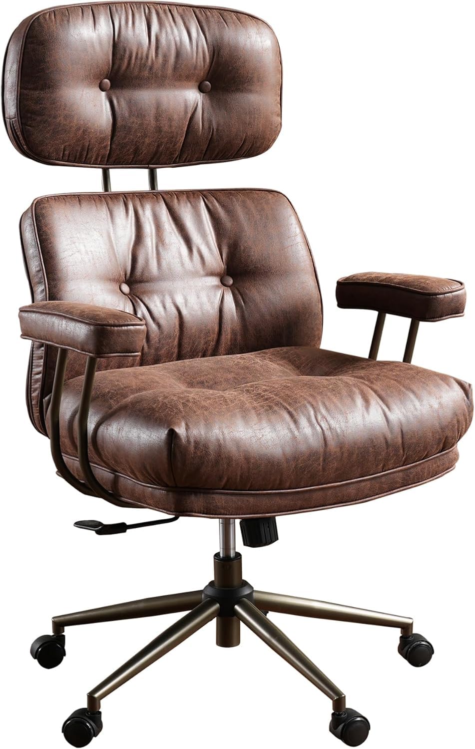 Ergonomic Home Office Chair, Mid-Century Modern Faux Leather Chair with Lumbar Support, High Back Swivel Rolling Executive Chair with Comfy Thick Cushion (Dark Brown, Faux Suede Leather)