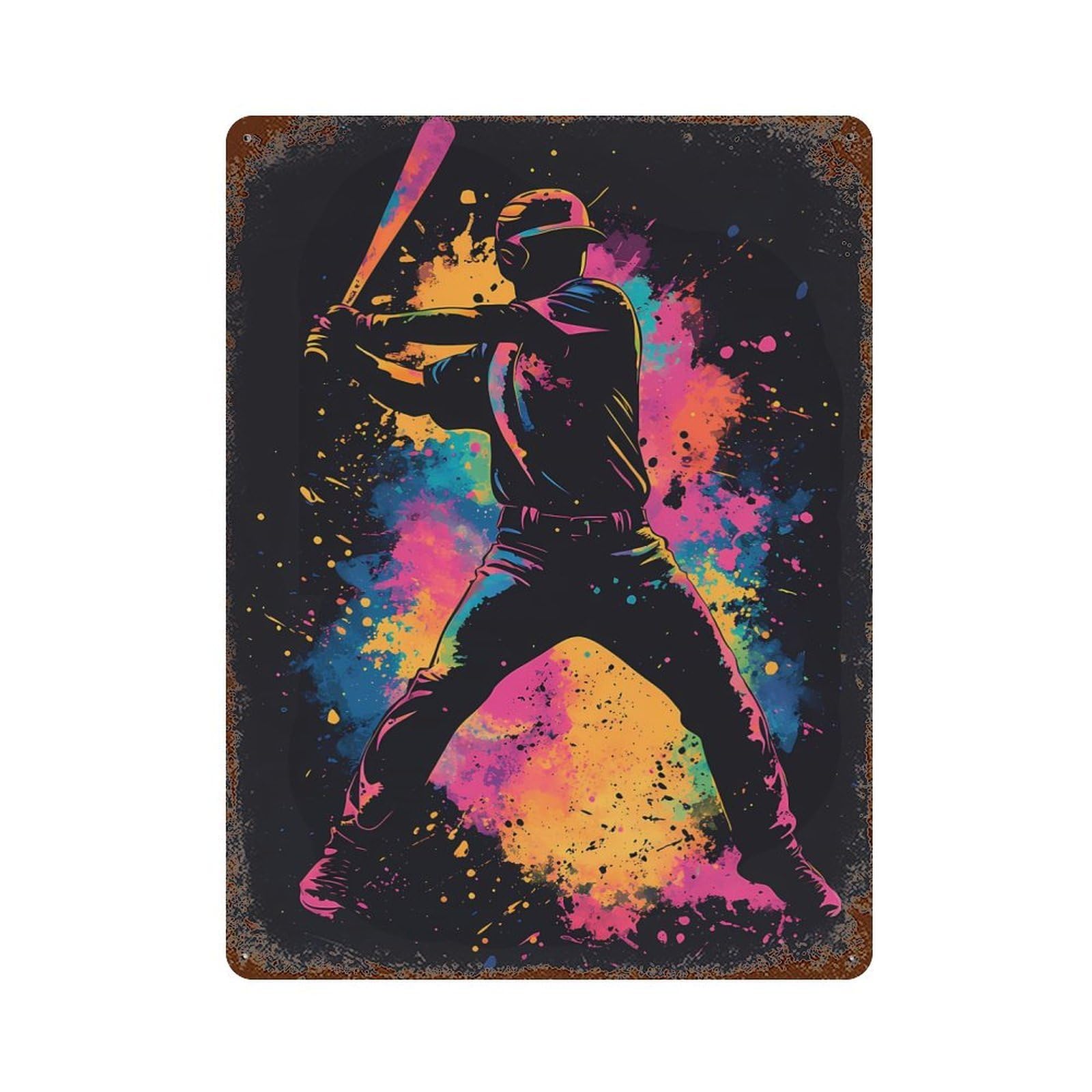 Baseball Player Silhouette Rusty Metal Tin Sign 15.7"x11.8", Industrial Home Decor for Garage, Pub Or Kitchen